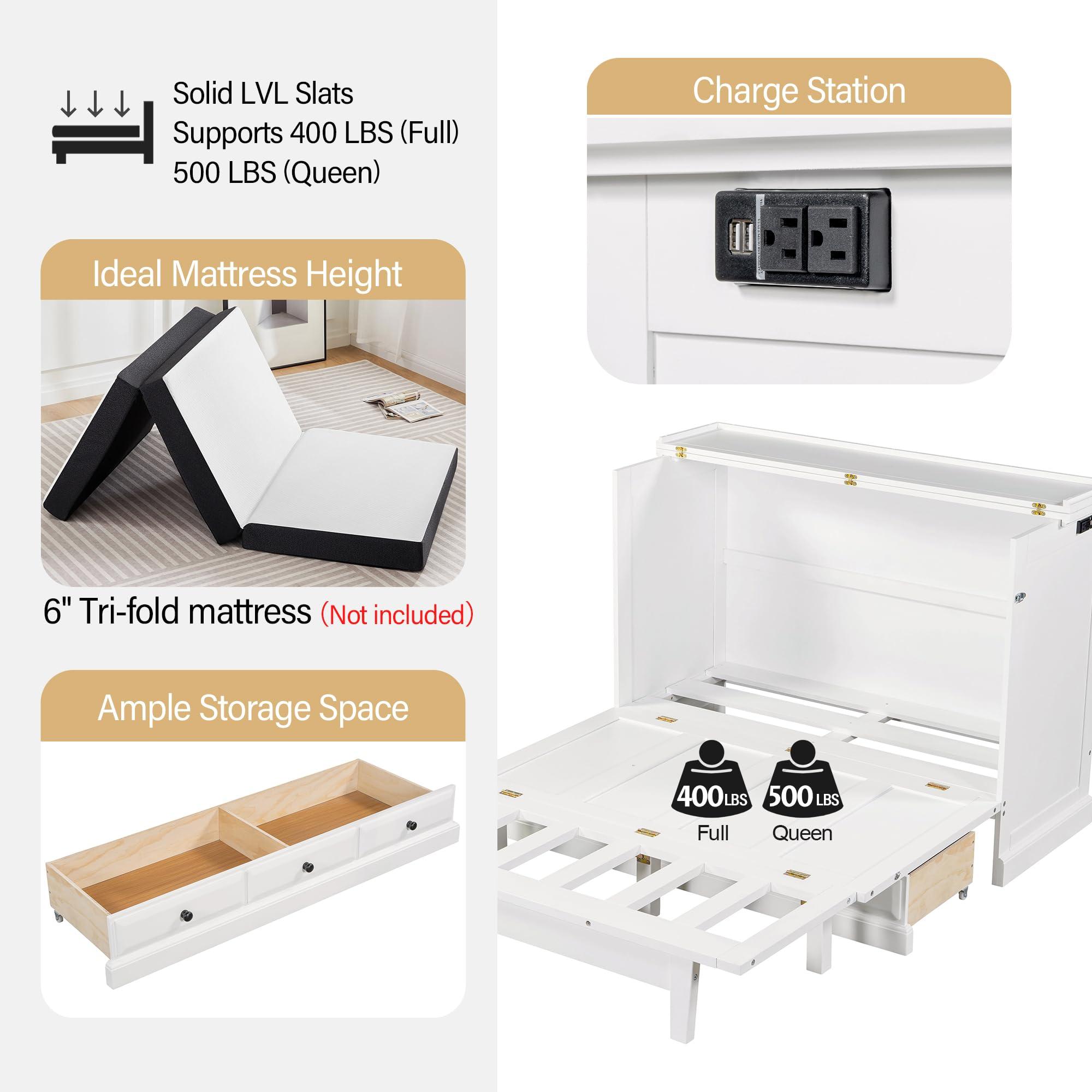 SOFTSEA SOFTSEA Queen Size Murphy Bed, Wood Murphy Bed with Charging Station and Large Storage Drawer, Queen Murphy Bed Cabinet Bed Folding Wall Bed for Home Office Small Room, White