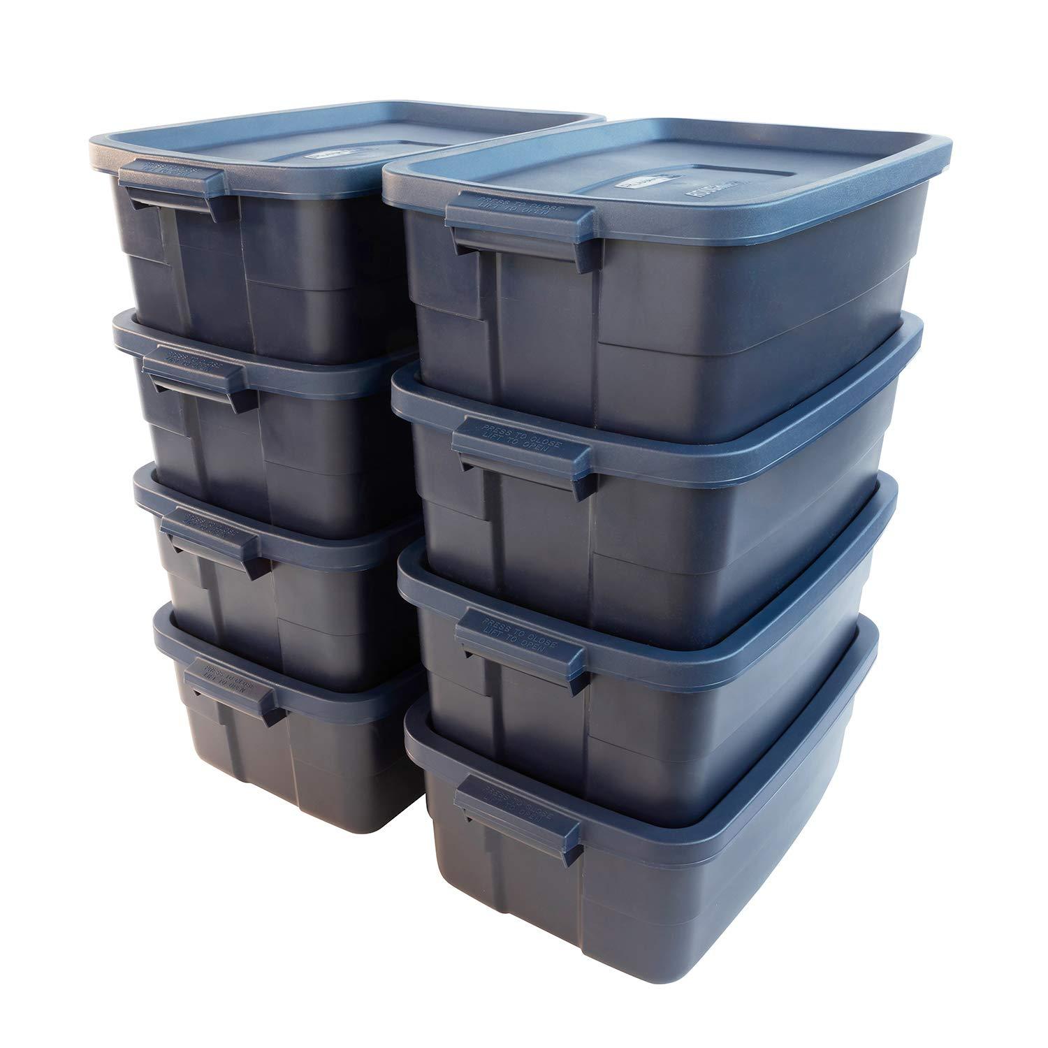 Rubbermaid Rubbermaid Roughneck Tote 10 Gal, 8 Pack, Made in USA, Dark Indigo Metallic, Rugged Plastic Stackable Storage Bins with Lids and Handles