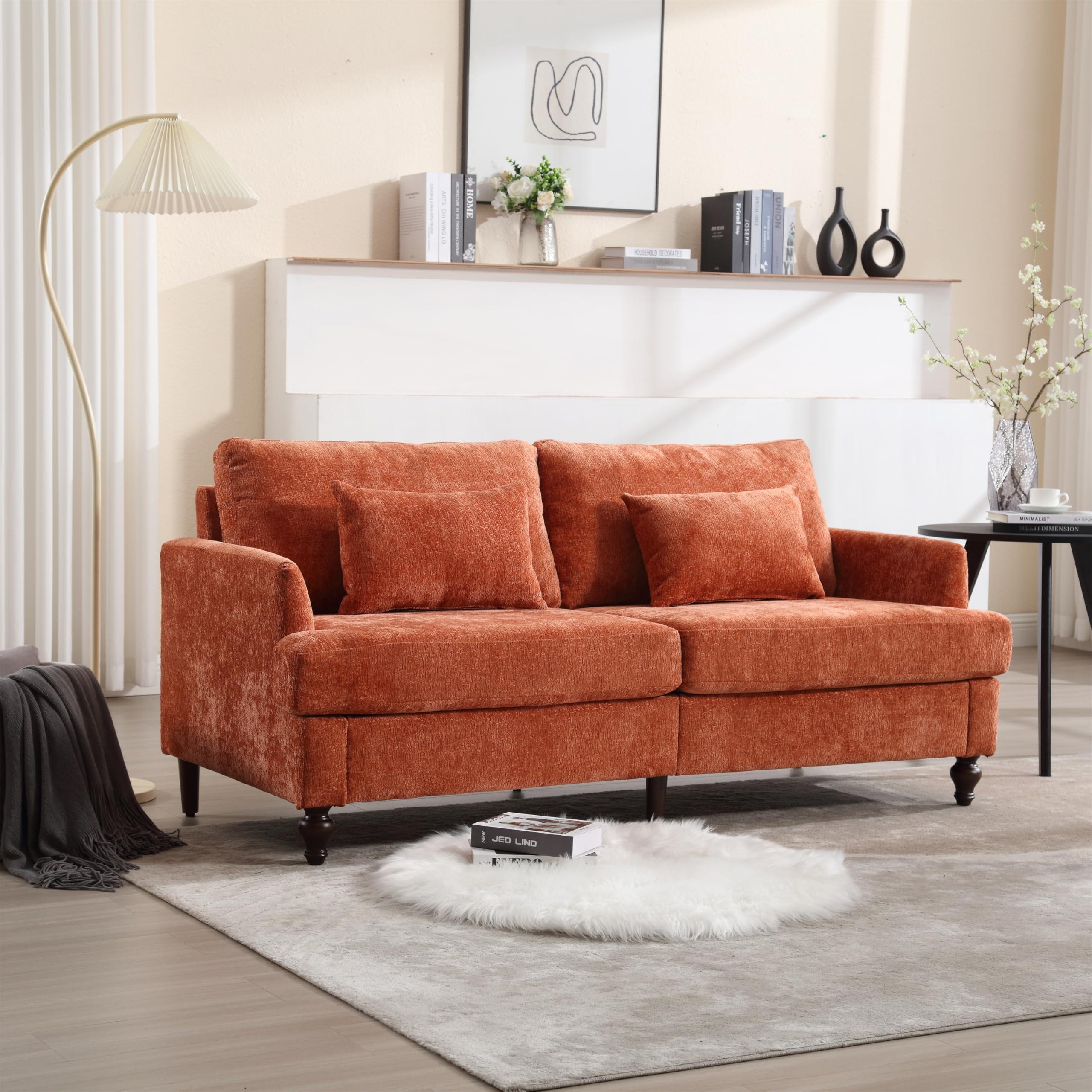 LIANGFU 68.9" Mid Century Modern Sofa, Loveseat Sofa, Chenille Upholstered Sofa, Two Seater Couch, Mini Cloud Couch, Comfy Couches for Living Room, Lounge Sofa with Brown Wood Feet for Bedroom (Dark Orange)