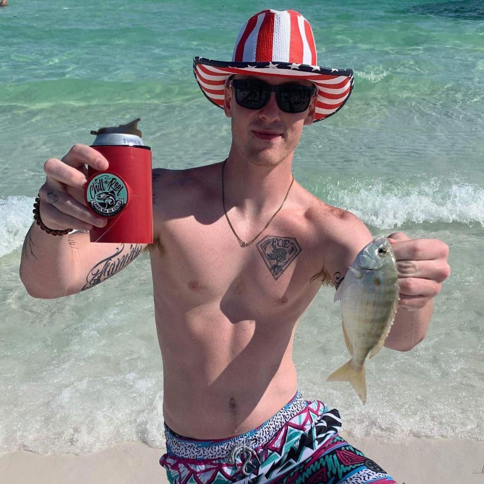 Chill-N-Reel Chill-N-Reel Fishing Can Cooler (from Shark Tank) | Hard Shell Drink Holder with Hand Line Reel Attached | Fits Standard Insulator Sleeves or Coozies | Unique Fun Fishing Gift (Crimson & Spill Guard)
