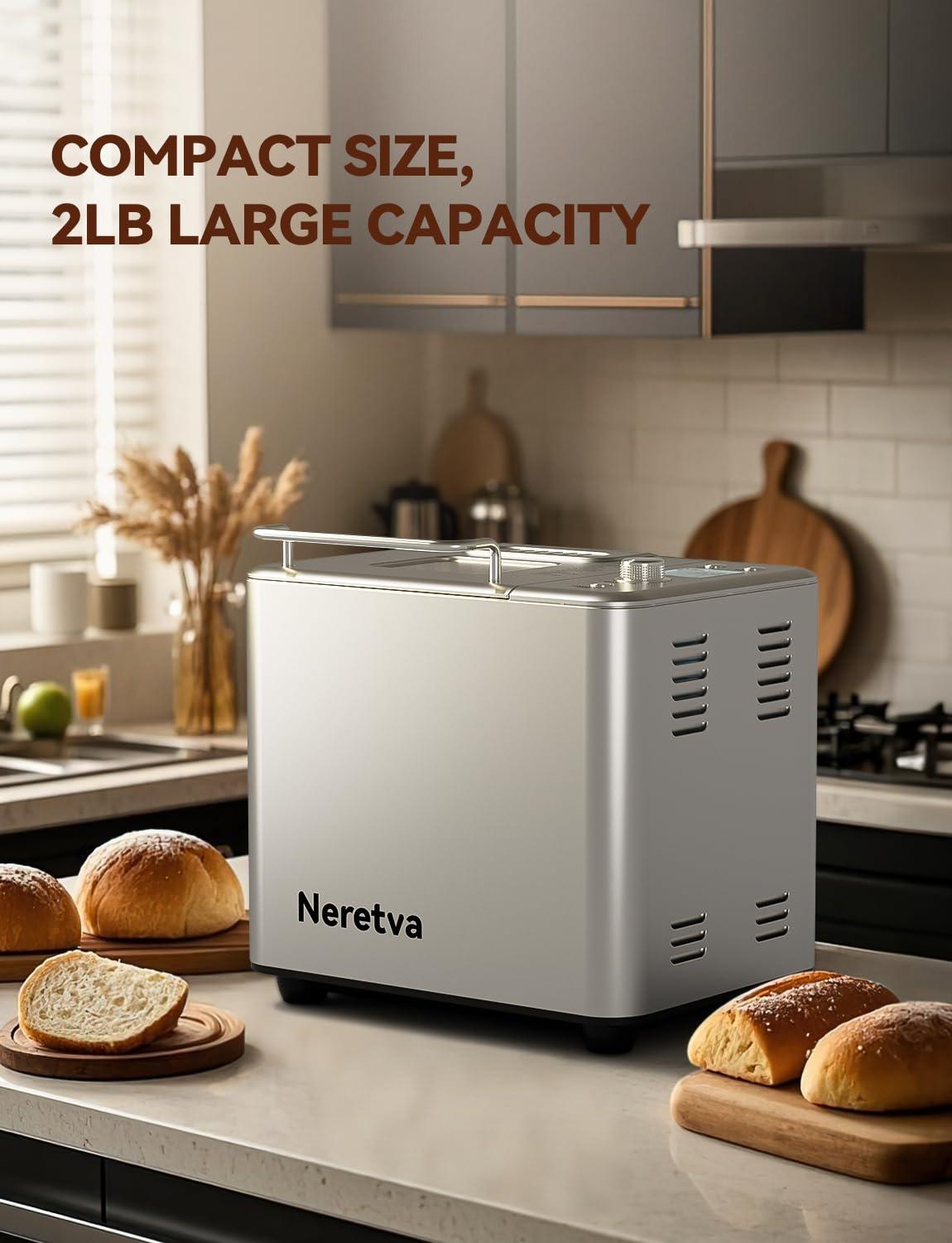 Neretva Neretva Bread Maker, [20-IN-1 & Dual Heater & 2LB]Smallest Size Bread Machine Nonstick Ceramic Pan Bread Maker Machines All Metal for Gluten Free/Dough Maker/French/Dried Meat Floss/Jam/Yogurt(Silver)