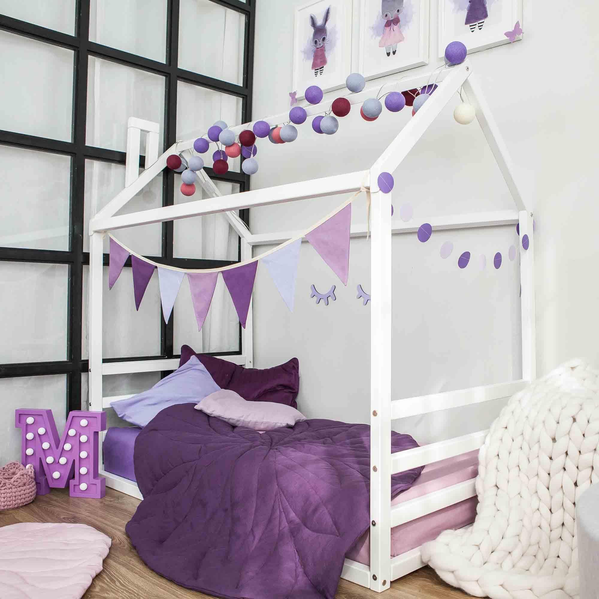 Sweet Home From Wood Montessori bed, Toddler house bed frame US Twin size, Montessori floor bed frame, Canopy bed WITH slats