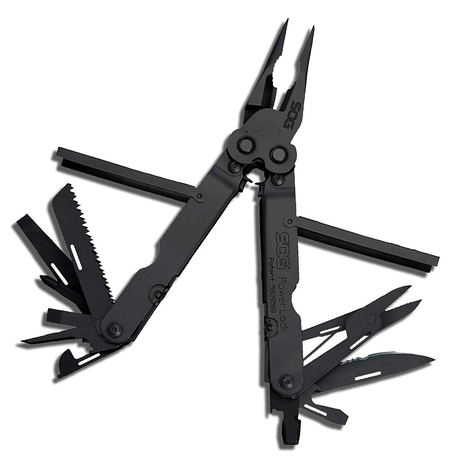 SOG SOG PowerLock Multi-Tool- Compound Leverage Technology with EOD Crimper Device, 420 Stainless Steel Body, 18 Lightweight Specialty Tools (B61N-CP) , Black