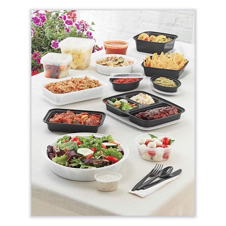 Pactiv Evergreen Newspring OC-08B Black 8 oz. VERSAtainer 5.7\" x 4\" x 1.45\" Oval Microwavable Container With Lid 150/
