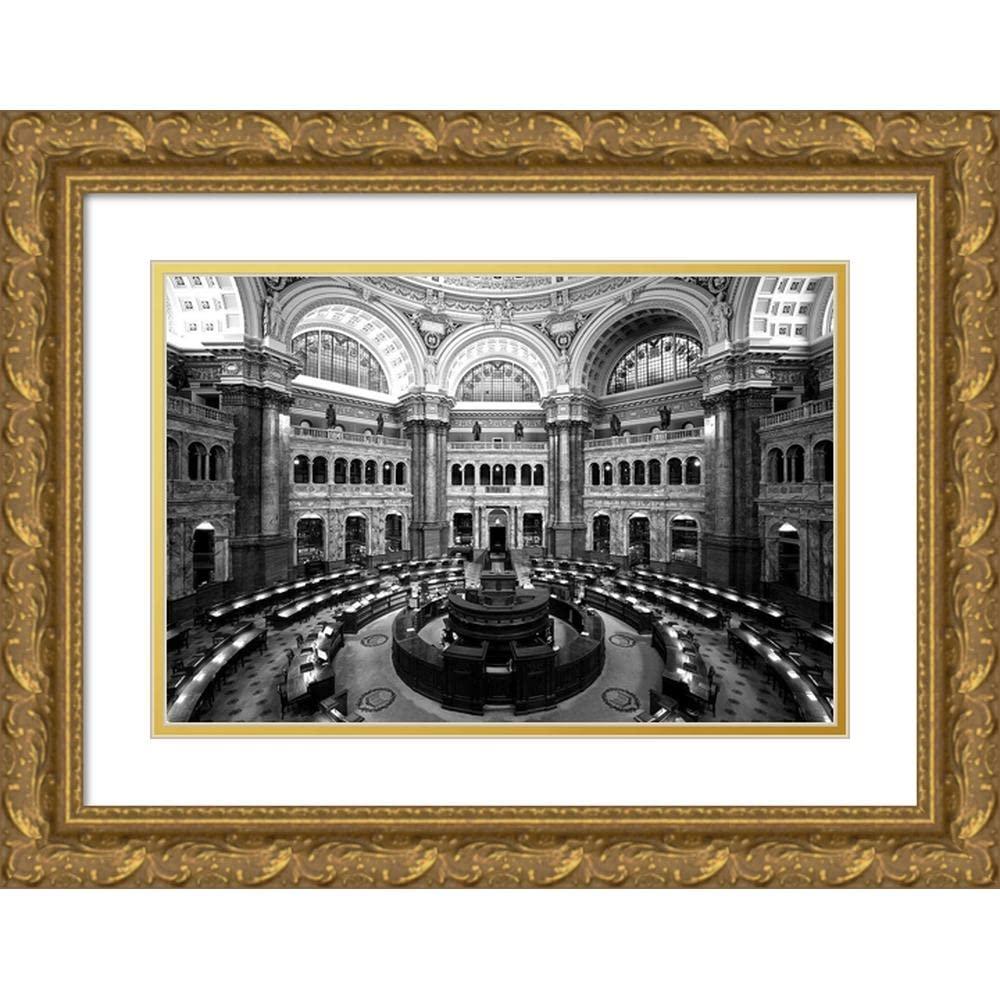 ArtDirect ArtDirect Main Reading Room. View from above showing researcher desks. Library of Congress Thomas Jefferson Bu II 24x17 Gold Ornate Wood Framed Double Matting Museum Art Print by Highmith, Carol