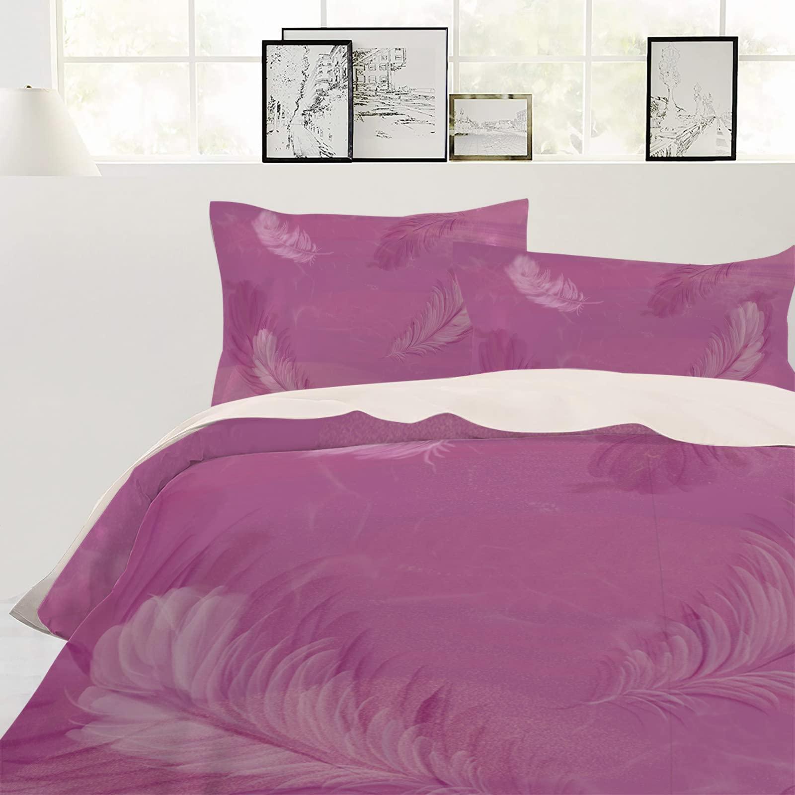 Debedcor Pink White Feather Duvet Cover Full Size, Fuchsia Ombre Smoke Comforter Cover with Zipper Closure, 3 Piece Bedding Sets 1 Duvet Cover 86x86 Inches and 2 Pillow Shams