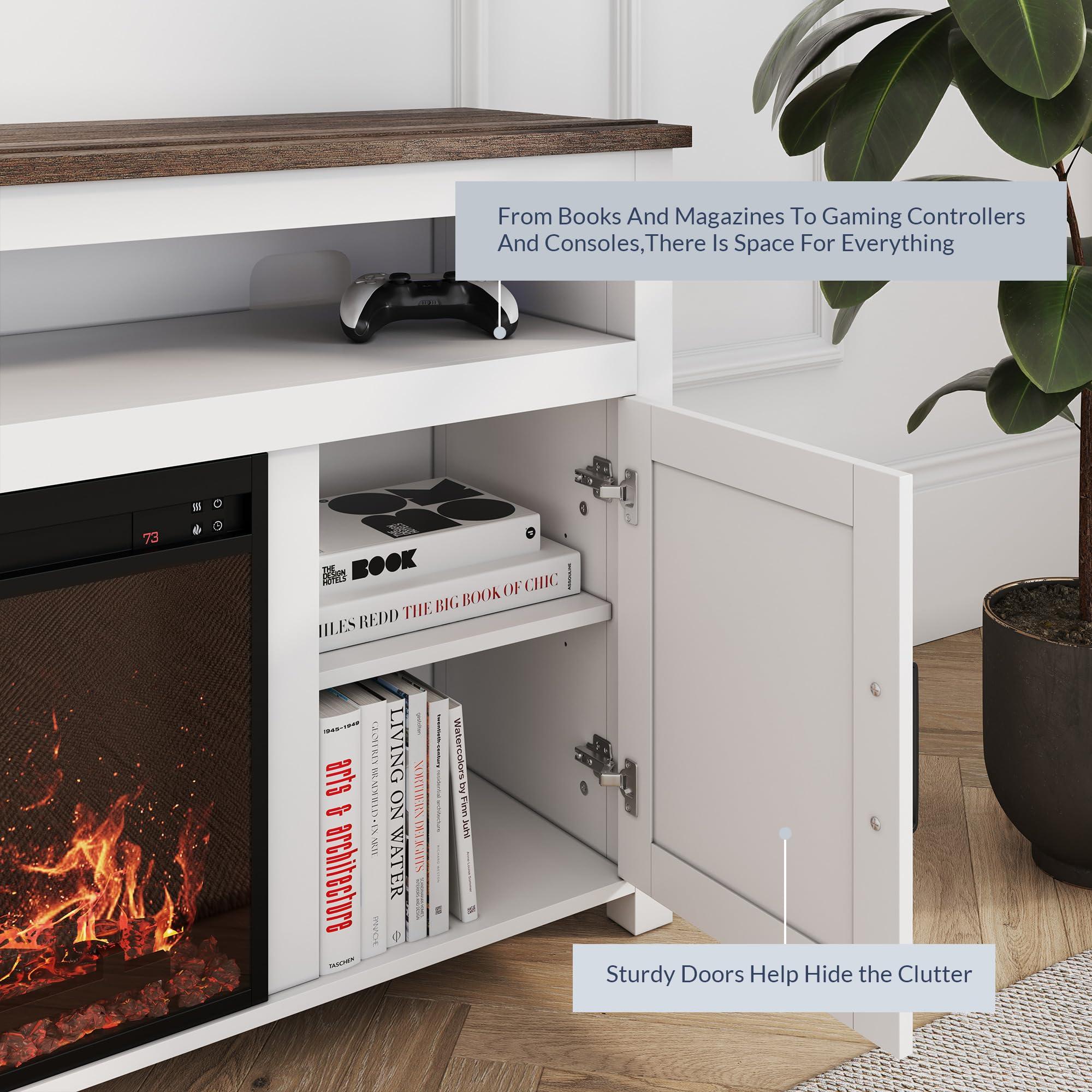 BELLEZE BELLEZE 58" Farmhouse Fireplace TV Stand for TVs up to 65", 23" Electric Fireplace Heater with Sound, Entertainment Center Media Console Table Barn Door Storage Cabinets for Living Room - White