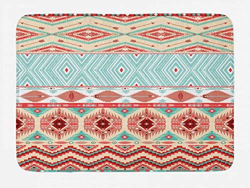 Lunarable Lunarable Aztec Bath Mat, Culture Inspirations Ornamental Indigenous Chevron, Plush Bathroom Decor Mat with Non Slip Backing, 30.2\" x 20\", Coral Beige Turquoise