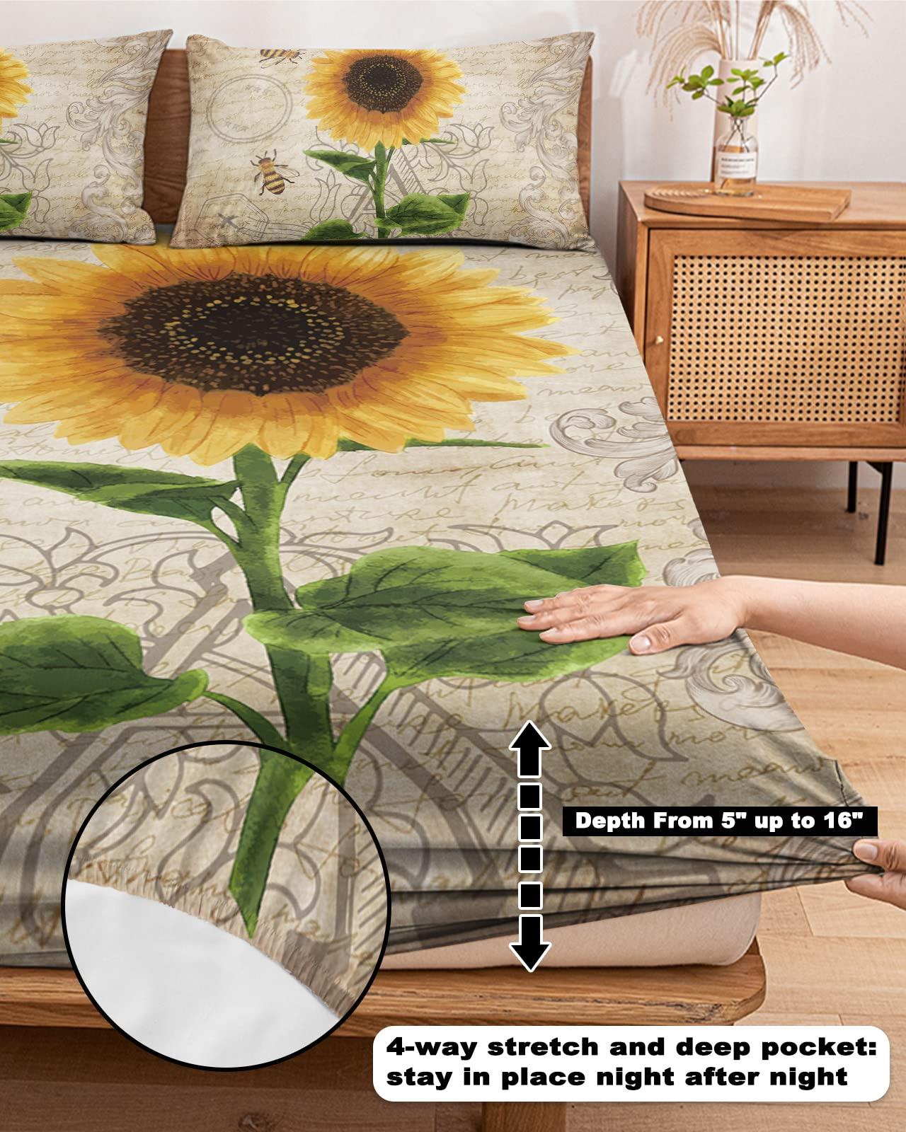 ZFUNCING Spring Sunflowers and Garden Queen Bee Fitted Bed Sheets Twin Size Fit 5-16inch Deep Pockets,Luxury Bottom Sheet Bedding Set with Pillow Case,Old Letter Fitted Sheet for Mattress