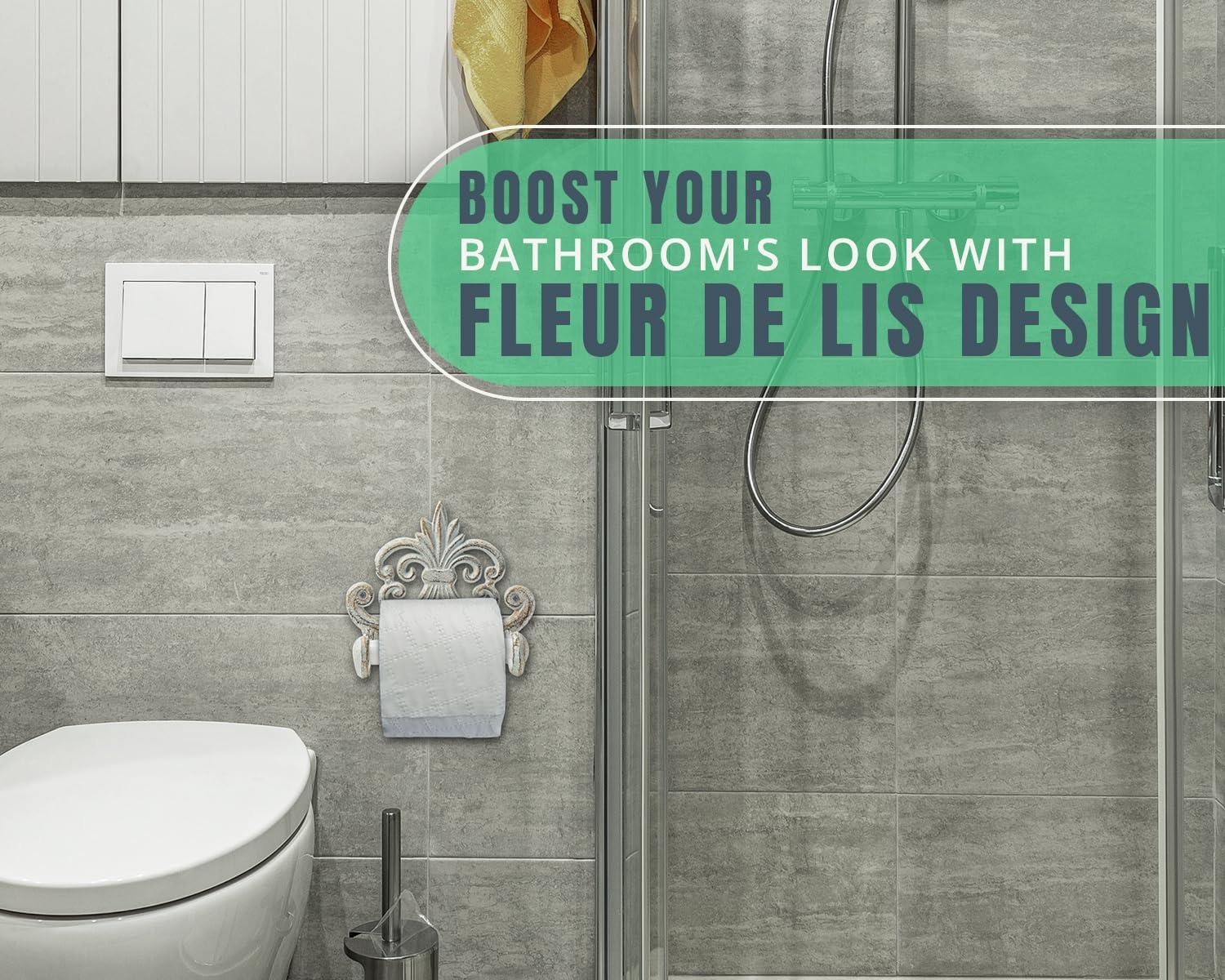 Comfify Decorative Cast Iron Fleur De Lis Toilet Paper Roll Holder - Wall Mounted, Antique White, Vintage Rustic Design - Bathroom Accessory with Easy Installation - Included Screws and Anchors