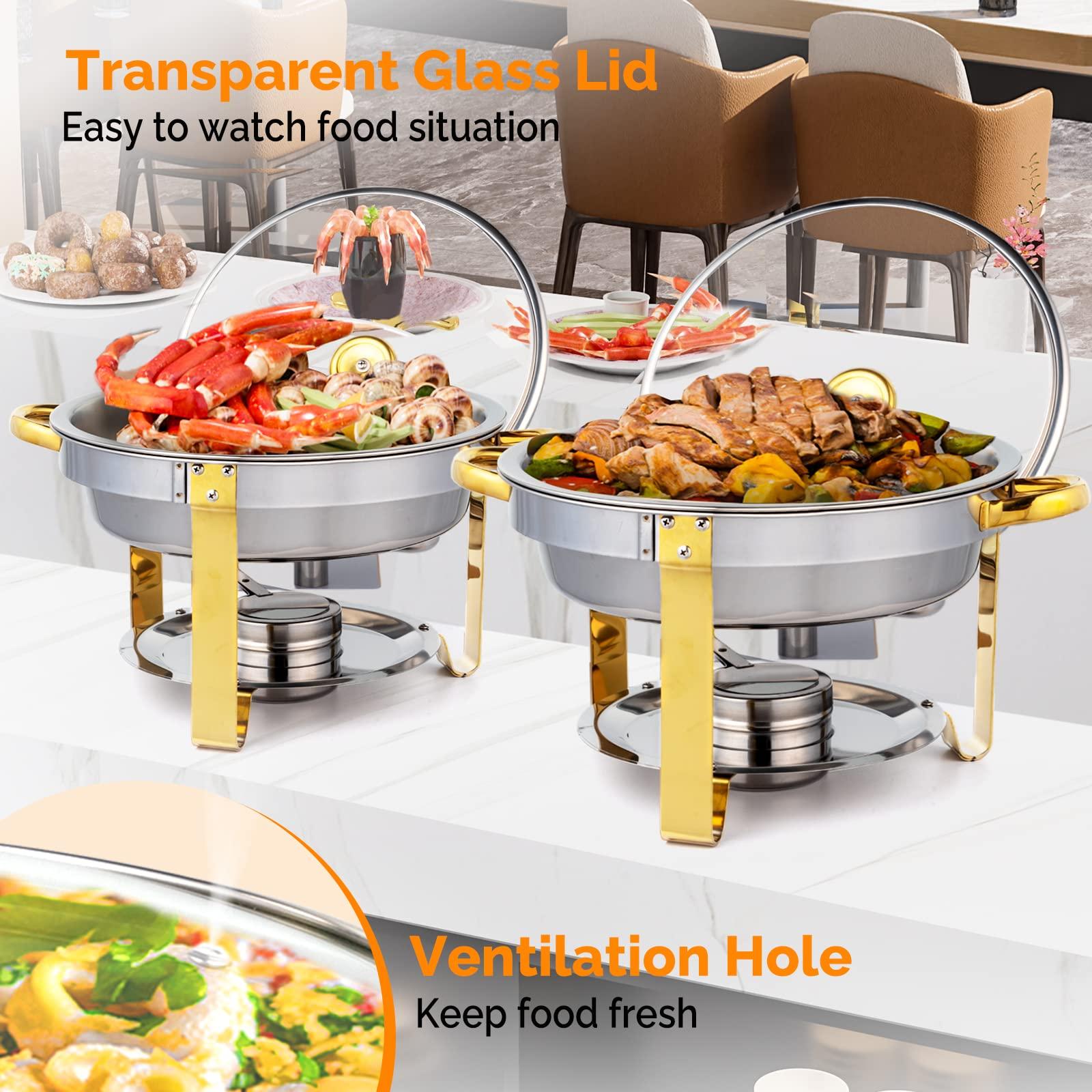 ROVSUN ROVSUN 5QT 6 Packs Chafing Dish Buffet Set Gold Accent, Round NSF Stainless Steel Buffet Warmer Chafers and Buffet Warmers Sets with Glass Lid & Lid Holder for Catering Events Parties Weddings Dinners