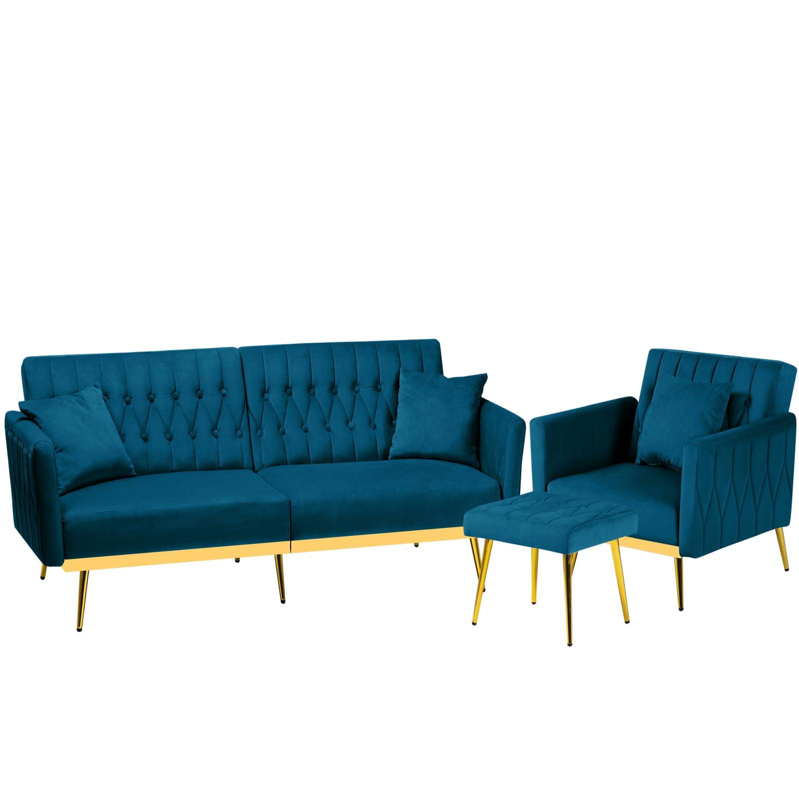 ACMEASE ACMEASE 2 Pieces Velvet Sofa Set with Adjustable Armrest and Backrest, 70 Convertible Futon Sofa Bed & Mordern Accent Chair with Ottoman for Living room, Bedroom, Teal