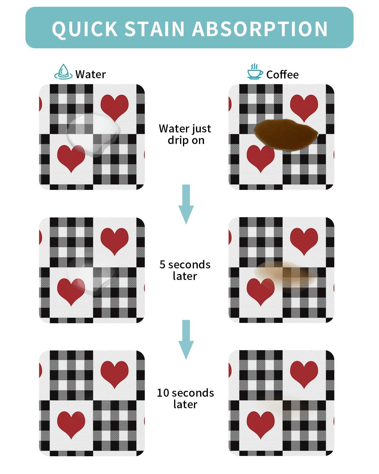 LaBLUUX Coffee Mat for Counter,Valentine\'s Day Red Heart Buffalo Plaid Black White Absorbent Hide Stain Coffee Bar Mat,Non-slip Coffee Bar Accessories Kitchen Drying Mat Fit Under Coffee Maker