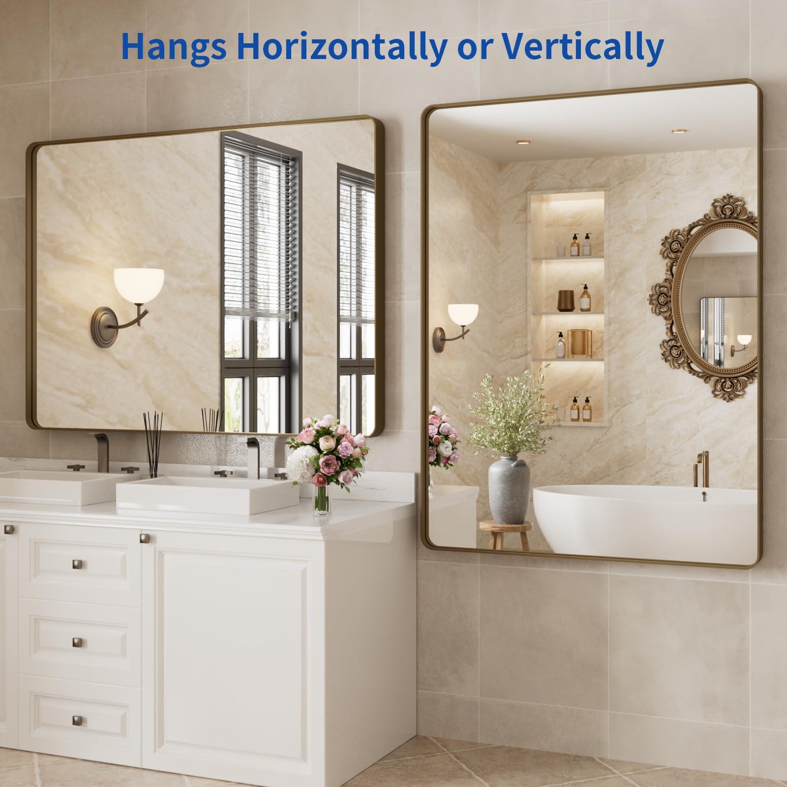 WEER WEER Bronze Bathroom Mirror 48x36 Inch, Farmhouse Oil Rubbed Bronze Mirror for Wall, Aluminum Alloy Brushed Bronze Metal Frame Mirror for Vanity, Tempered Glass, Anti-Rust (Horizontal/Vertical)