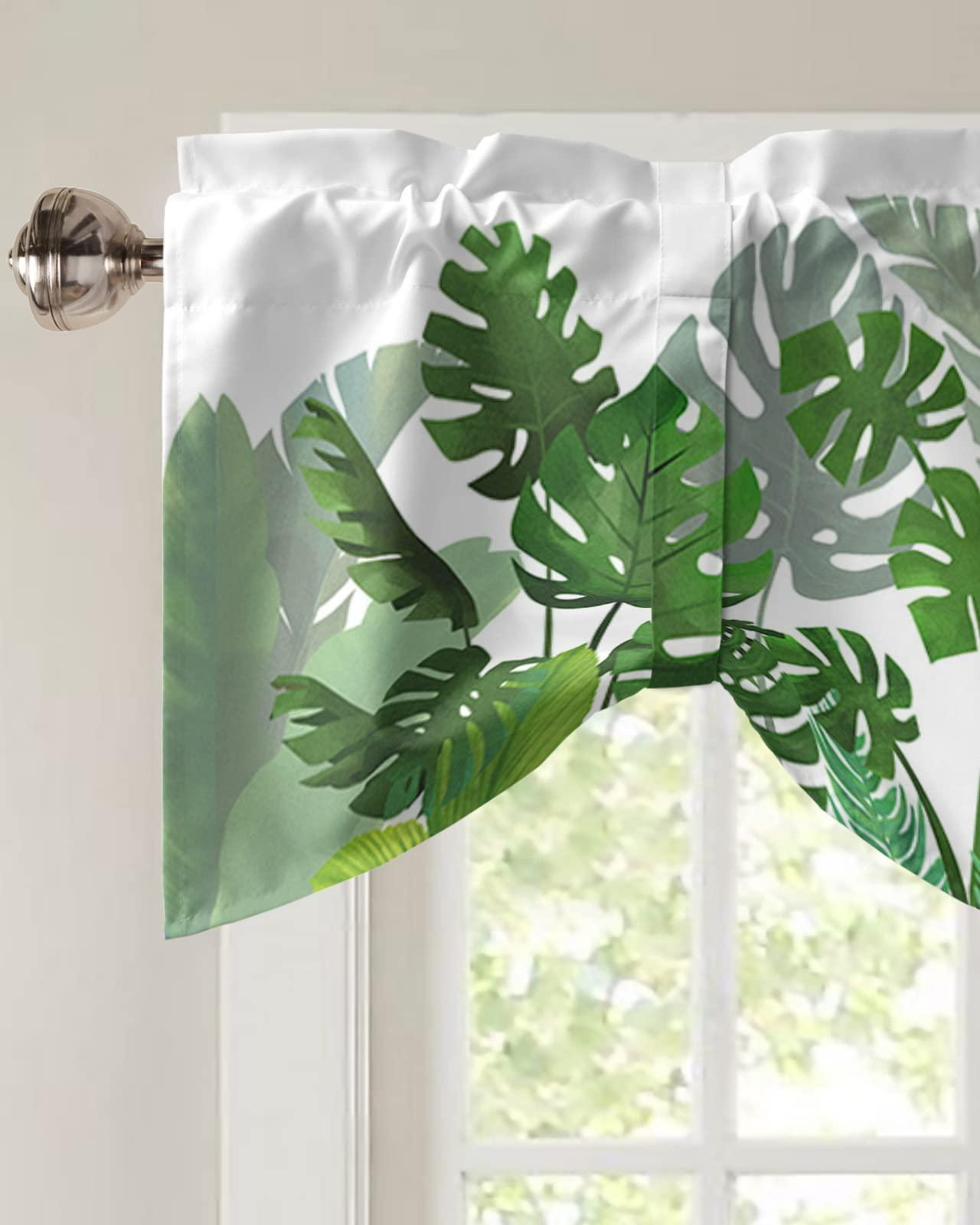 Chees D Zone Tie Up Valance Curtain for Kitchen,Monstera Summer Green Leaf Rod Pocket Short Curtains Adjustable Tie-Up Shade Valances,Tropical Plants Foliage on White Window Treatment for Bathroom 42x18in