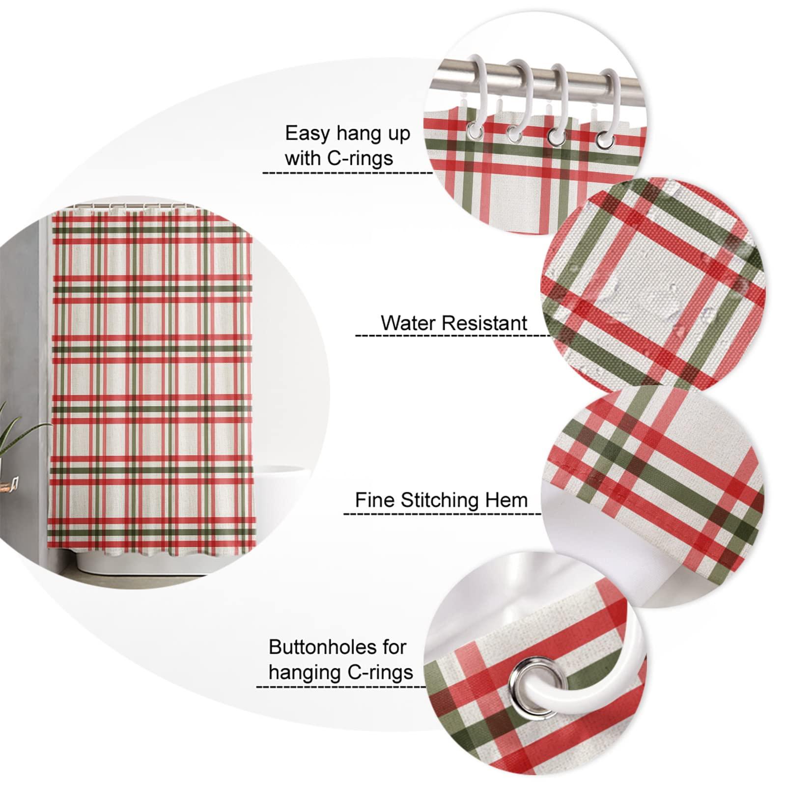 LEOKOTI LEOKOTI Merry Christmas Shower Curtain for Bathroom, Farmhouse Xmas Red Teal Plaid Striped Waterproof Fabric Bathtub Curtains for Bathroom with 12 Plastic Hooks, 48\" W x 72\" L