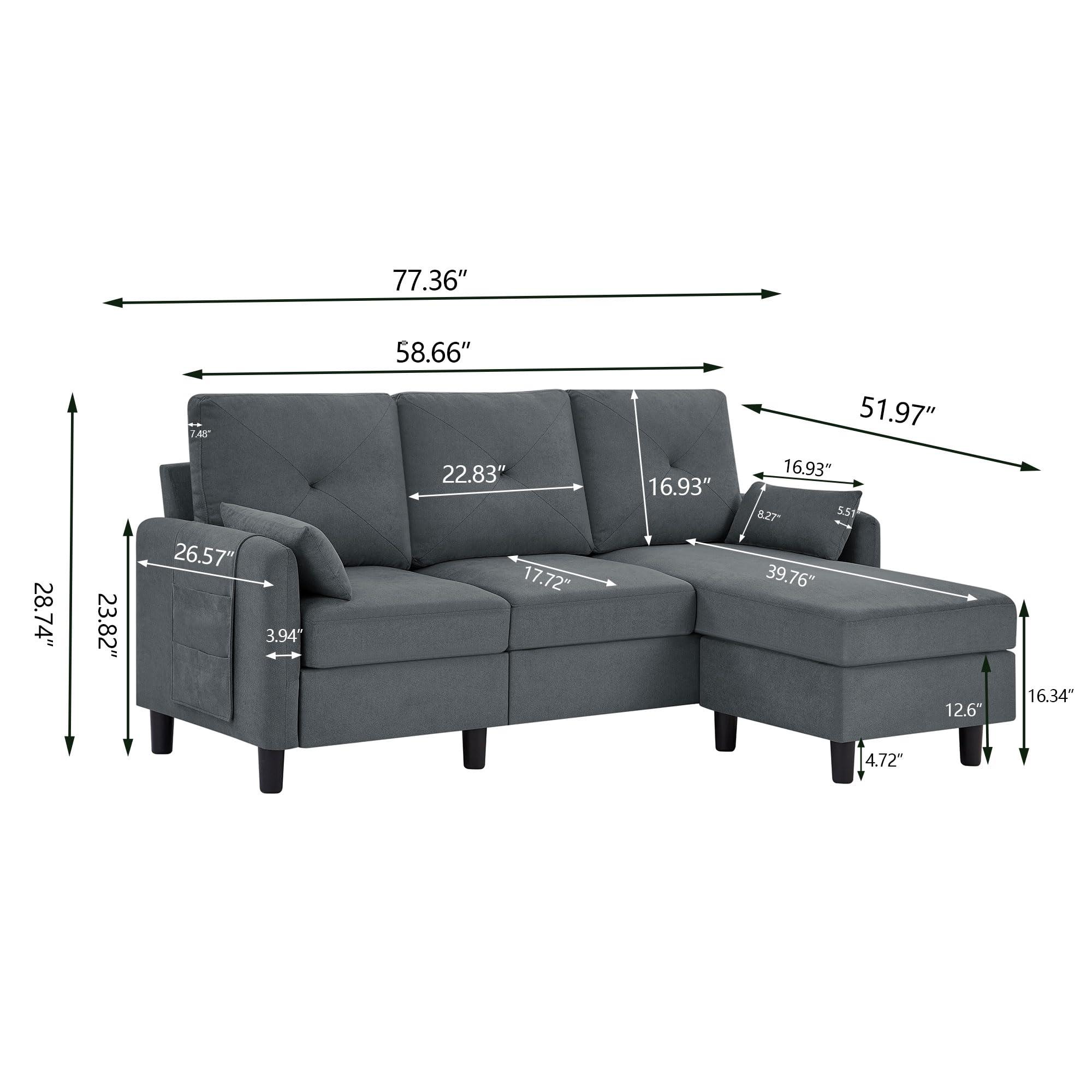 Soscana Soscana Sectional Sofa for Living Room, 77" Small L Shaped 3 Seater Couch with Reversible Chaise Polyster Fabre for Apartment Small Space, Dark Grey