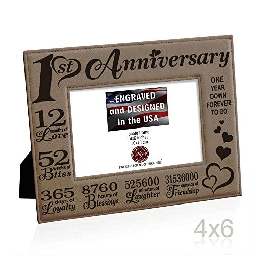 KATE POSH KATE POSH Our First (1st) Anniversary Engraved Leather Picture Frame - Gifts for Couple, Gifts for Him, Gift for Her, Paper Anniversary, Photo Frame, First Wedding Anniversary (4x6-Horizontal)