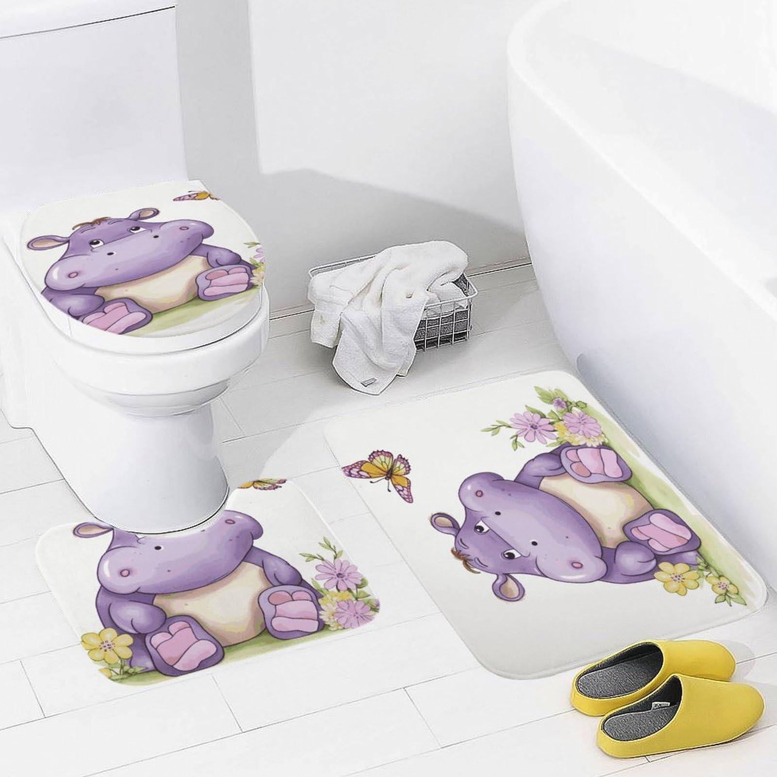SLKFJEWT Bathroom Rug Butterfly and Hippo 3 Pieces Bathroom Rugs Bath Set Non-Slip Ultra Soft Carpet Mats Absorbent with U-Shaped Toilet for Toilet Bath Mat Set