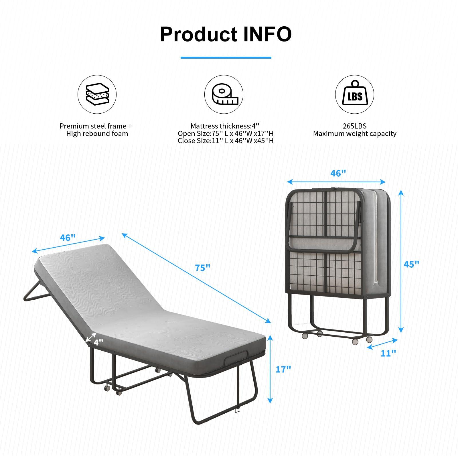 PUREMIND PUREMIND Folding Bed with Mattress for Adults, Portable Rollaway Guest Beds with 4\" Memory Foam Mattress & Metal Frame, Twin Size Foldable Bed Fold Away Bed Space Saving