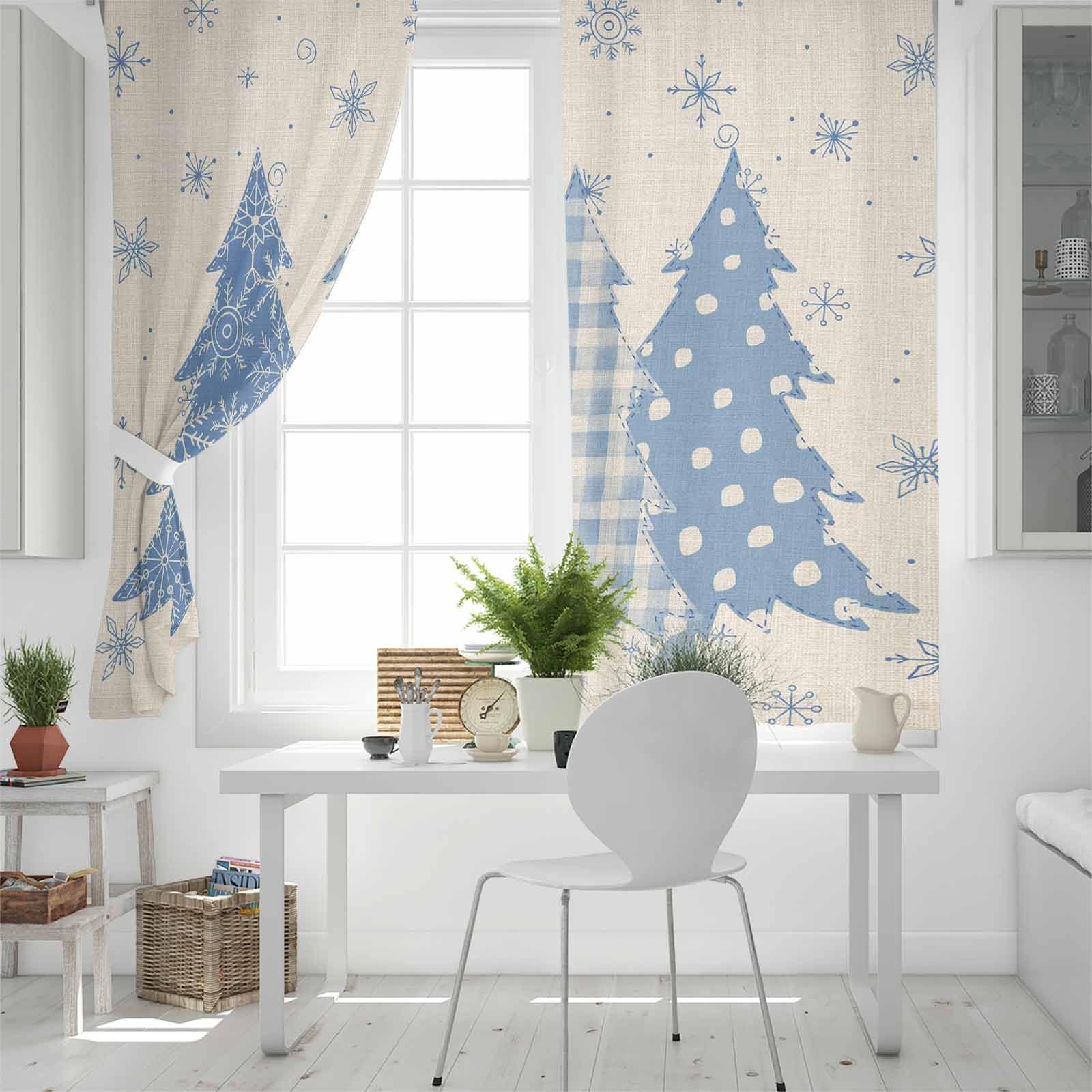 Double Love Christmas Tree Boho Blackout Curtains 84 Inches Long for Bedroom, Blue Winter Snowflakes Bohemian Thermal Insulated Room Darkening Black Out Window Curtain Panels Grommet Drapes for Living Room, 84x84