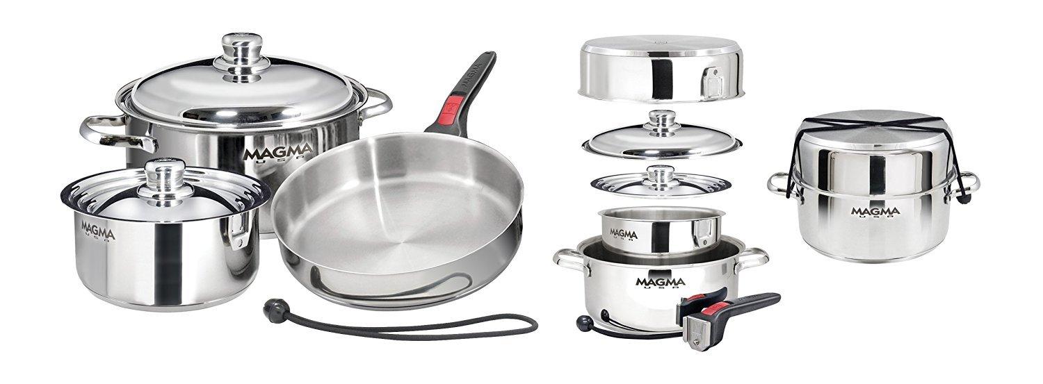 MAGMA Magma 7 Piece Gourmet Nesting Stainless Steel Cookware Set, Induction Compatible, Oven Safe to 500F - Suitable for All Stovetops, Removable Handles, Black