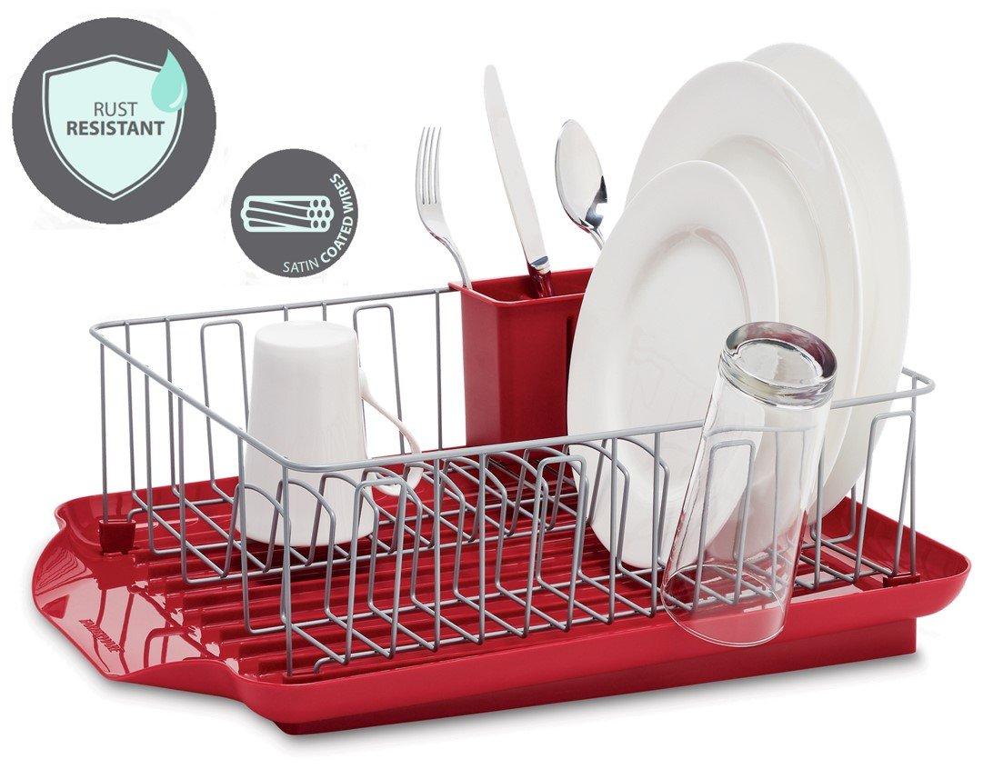 Farberware Farberware Classic Large Rust Resistant Full Dishrack with Removable 3 Compartment Flatware Caddy, Andlged Drain Board, 3-Piece, Red