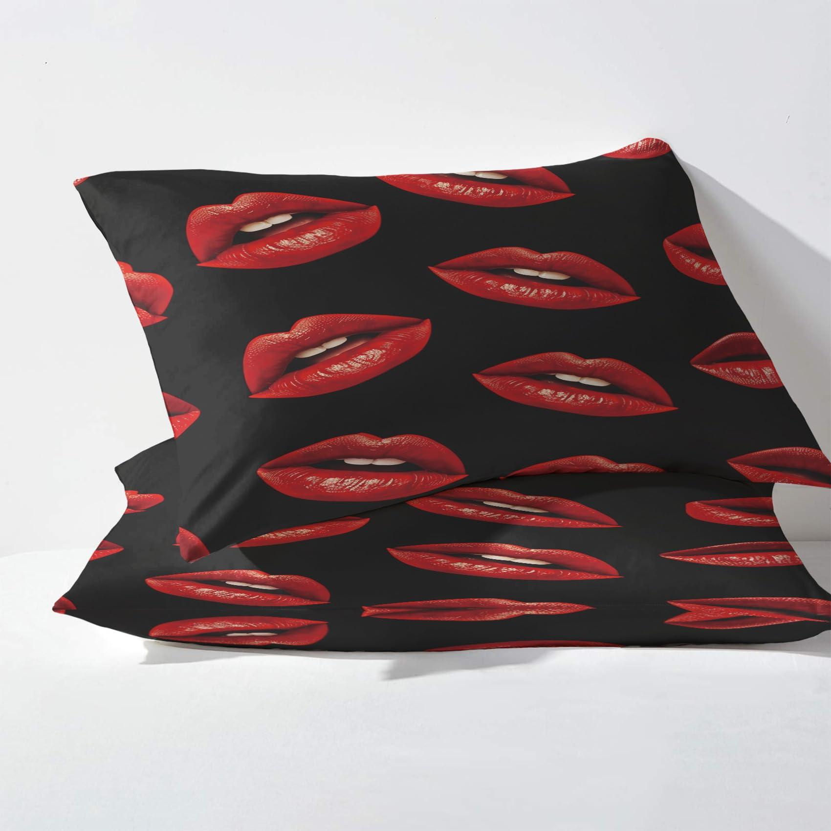 Generic Red Lips California King Size Kiss Sexy Bed Sheets - Patterned Bedding Set, Soft Microfiber Deep Pocket Fitted & Flat Sheets & 2 Pillow Cases