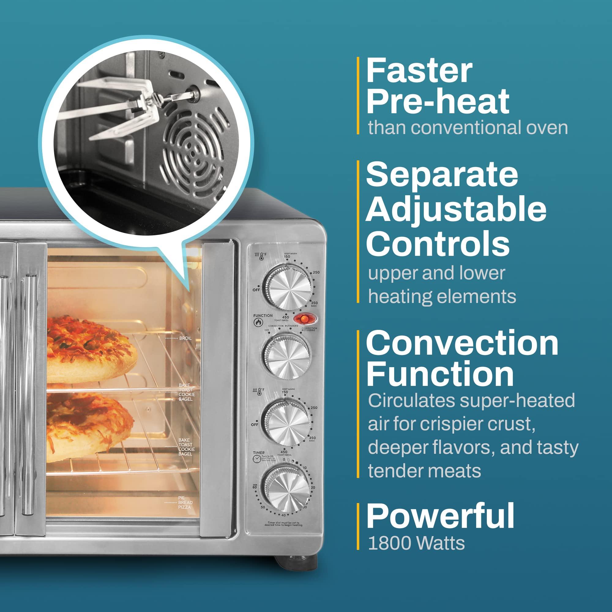 Elite Gourmet Elite Gourmet ETO4510B# French Door 47.5Qt, 18-Slice Convection Oven 4-Control Knobs, Bake Broil Toast Rotisserie Keep Warm, Includes 2 x 14\" Pizza Racks, Stainless Steel