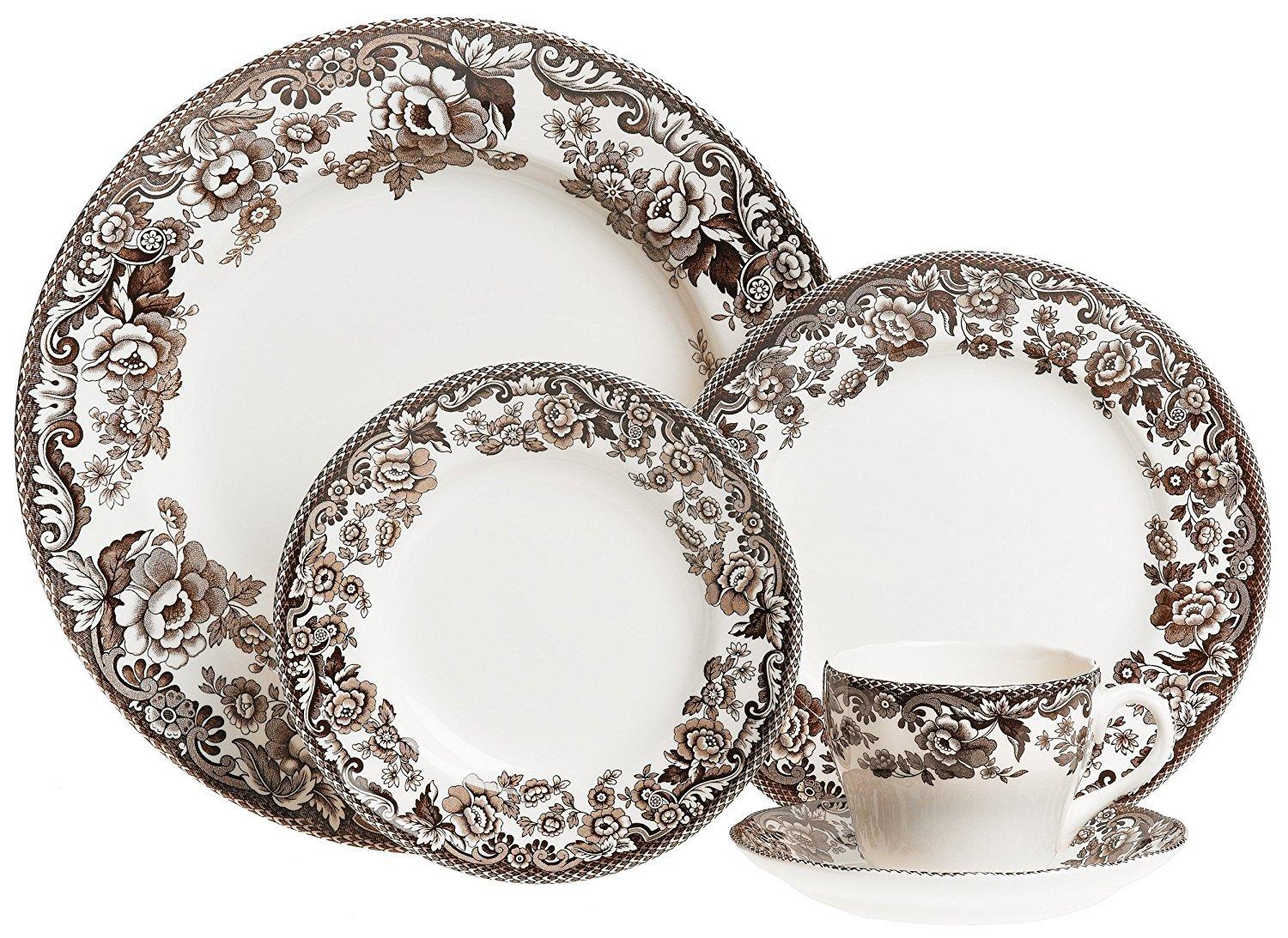 Spode Spode Delamere 5 Piece Place Setting, Brown Earthenware, Includes Dinner Plate, Salad Plate, Bread Plate, Teacup and Saucer, Microwave and Dishwasher Safe