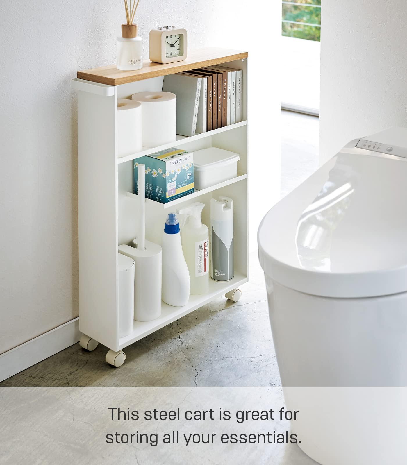 YAMAZAKI Yamazaki Home Rolling Slim Bathroom Utility Cart with Handle - Storage Shelf Narrow Organizer Rack Steel One Size White