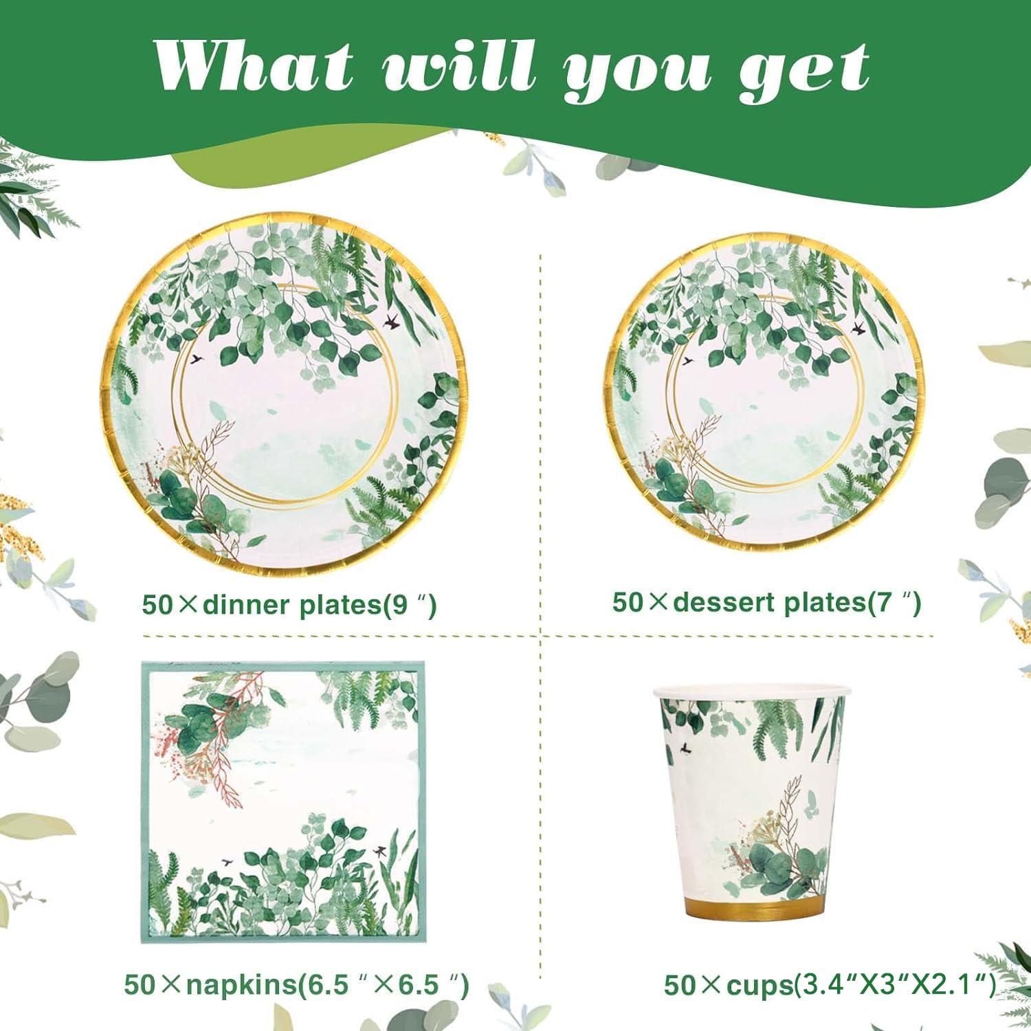 Gudvilla Gudvilla Sage Green Party Decorations, Sage Green Plates, Baby Shower Plates and Cups and Napkins Sets 200 Pcs, Eucalyptus Bridal Shower Plates for Sage Green Birthday Wedding Baptism, Serves 50
