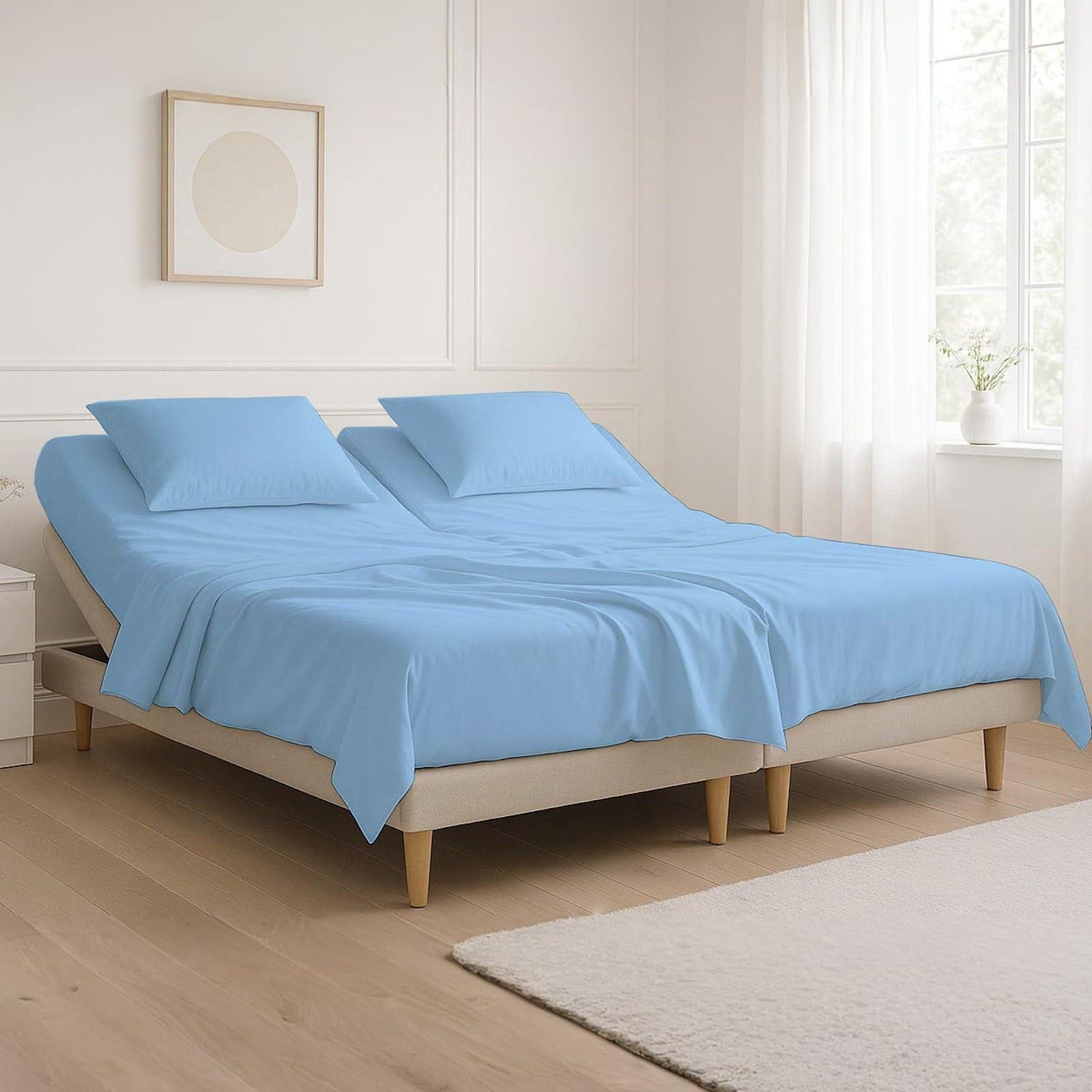 NON Sticky cotton Top Split King Sheets Sets for Adjustable beds, Sheets for Sleep Number Bed Split King deep Pocket, 34\" Split Top King Sheets 400 Thread Count 100% Cotton, Flex Top Sheets, Light Blue Solid