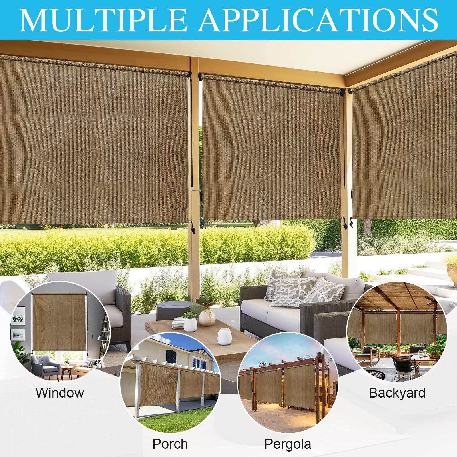 Amagenix Amagenix Outdoor Roller Shades 7'(W) X 8'(H), Exterior Cordless Patio Shades Roll Up Outdoor Blinds with 90% UV Protection, Two-Section Poles with One-Piece Fabric, Coffee Brown