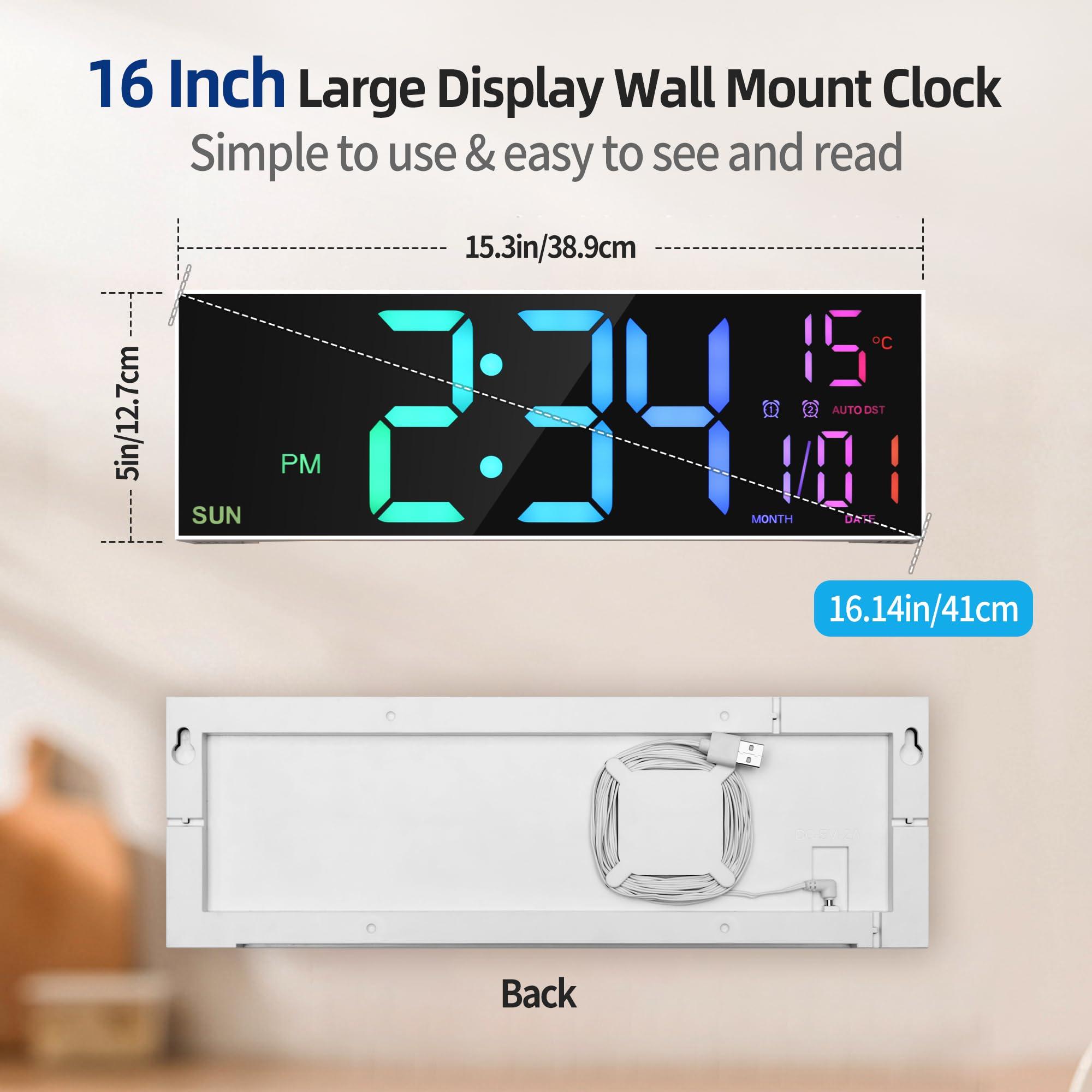 LEIKE LEIKE 16.2\'\' Large Digital Wall Clock with Remote Control, Big LED/Dual Alarm/8 RGB Colors/Auto Brightness/Date/Auto DST/Temperature/Night Light Gym Clocks for Living Room Bedroom Office Wall Decor