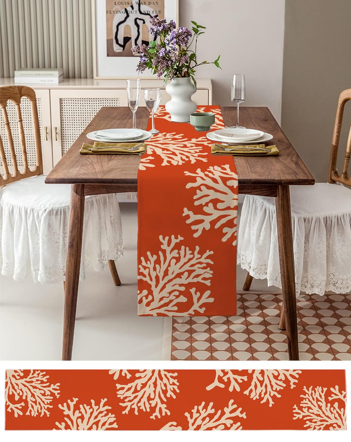 RisQiten RisQiten Orange Coral Table Runner - 60 Inch Long Coastal Summer Beach Nautical Seaside Cotton and Linen Blended Dress Scarves Farmhouse Table Runner for Kitchen Dining, Coffee Table, 13\" x 60\"
