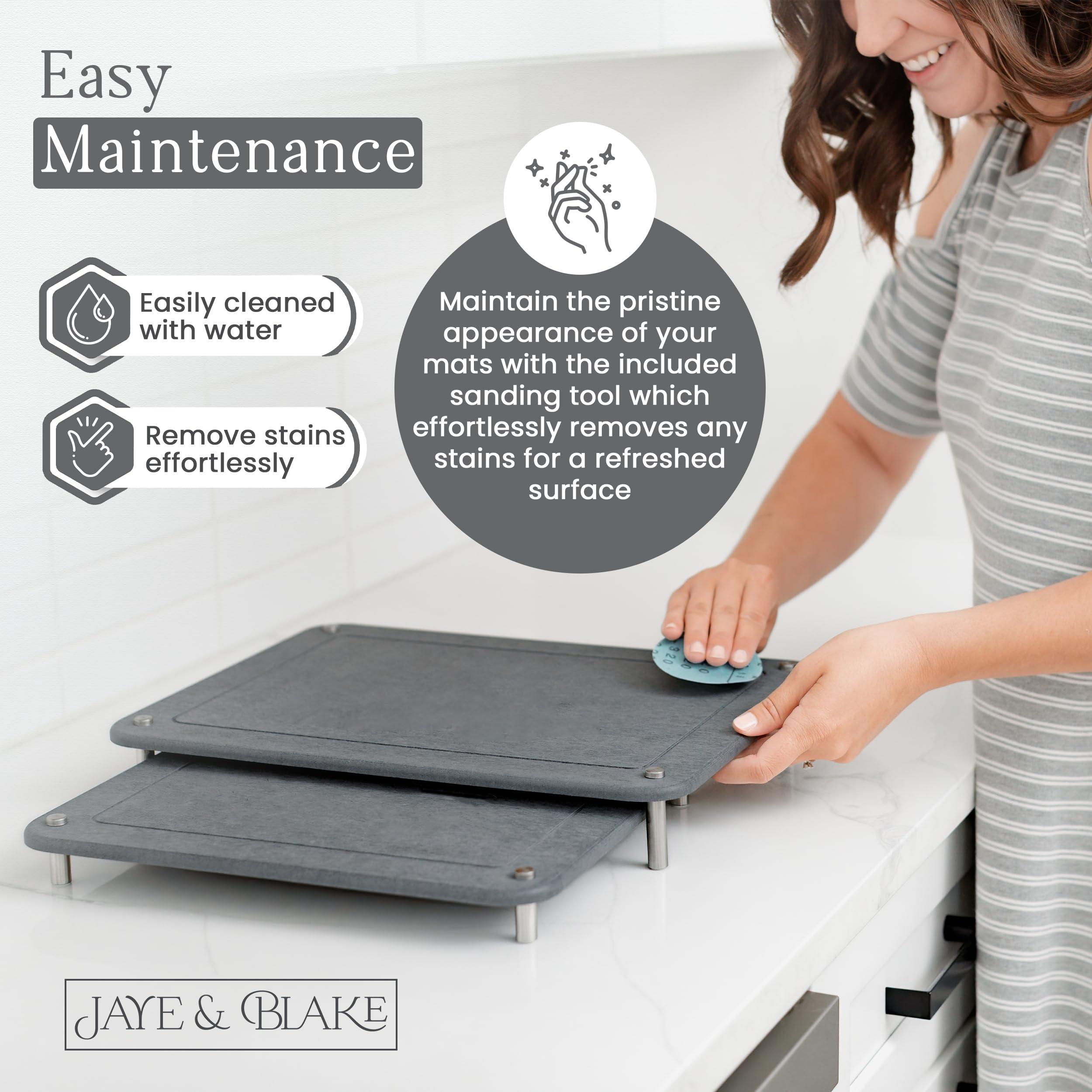 JAYE & BLAKE 2 PCs Nesting Stone Dish Drying Mats for Kitchen Counter - Absorbent Quick Drying Diatomaceous Earth Stone Drying Mat with Non-Slip Feet - Heat Resistant & Odorless Dish Drying Stone Mat - Gray Solid