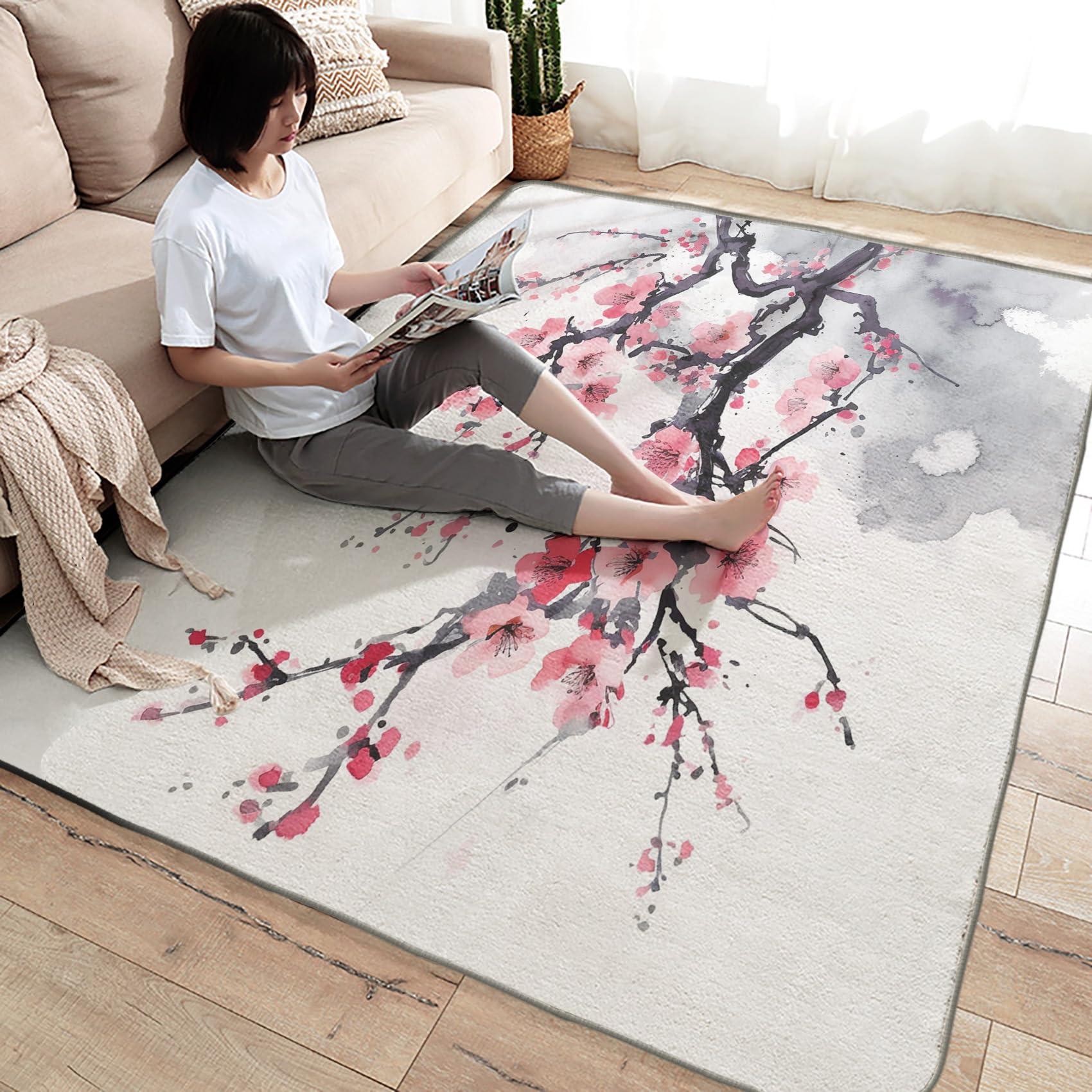 GEDAEUBA Cherry Blossom Rug 6x8 ft, Area Rug, Japanese Rugs for Living Room Bedroom, Ink Painting Carpet, Kids Room Decor for Boys Girls, Washable Non Slip Soft Low Pile Indoor Area Rugs