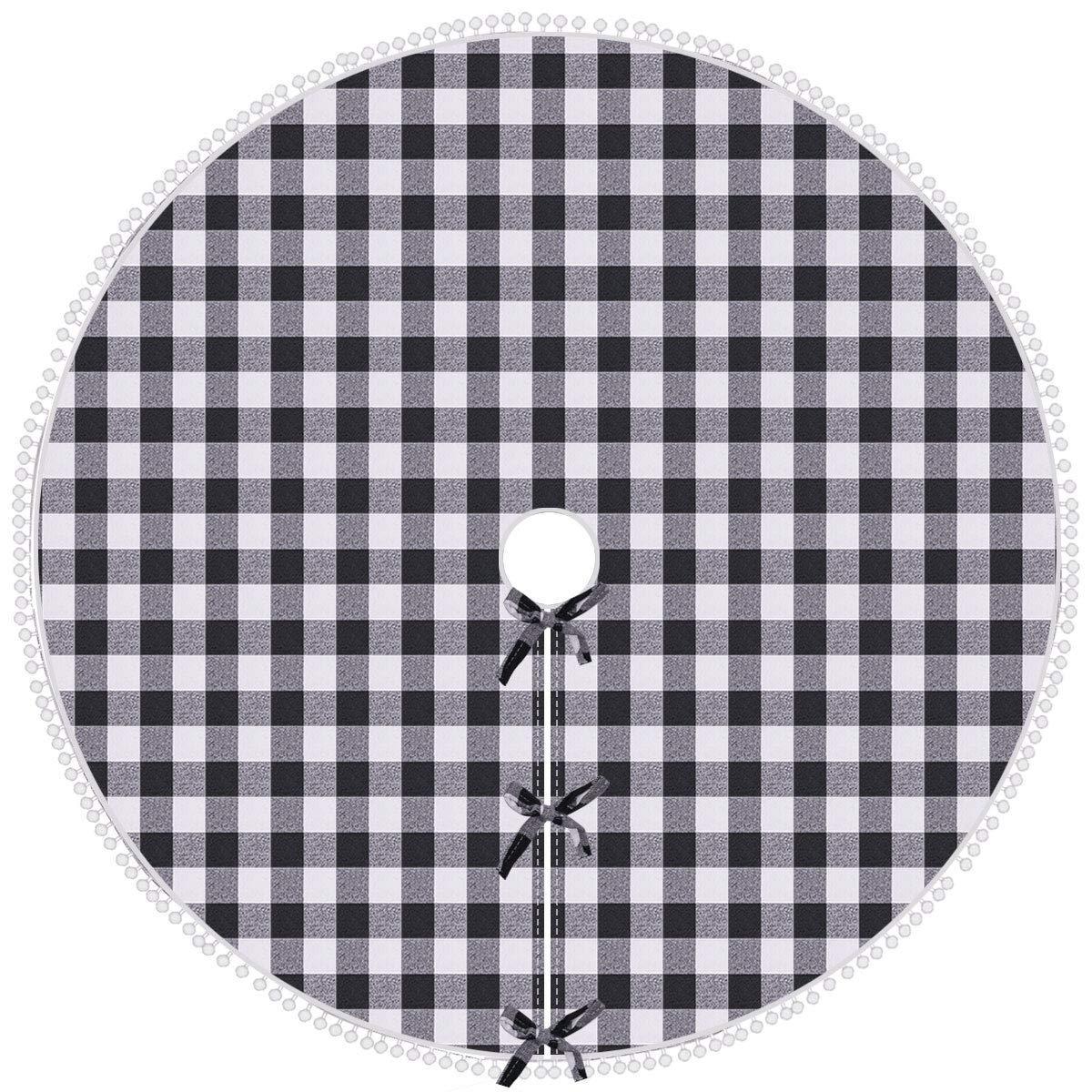 SevenFish SevenFish 48 inch Buffalo Plaid Christmas Tree Skirt Black and White Buffalo Check Tree Skirt with Pom Pom for Christmas Decorations