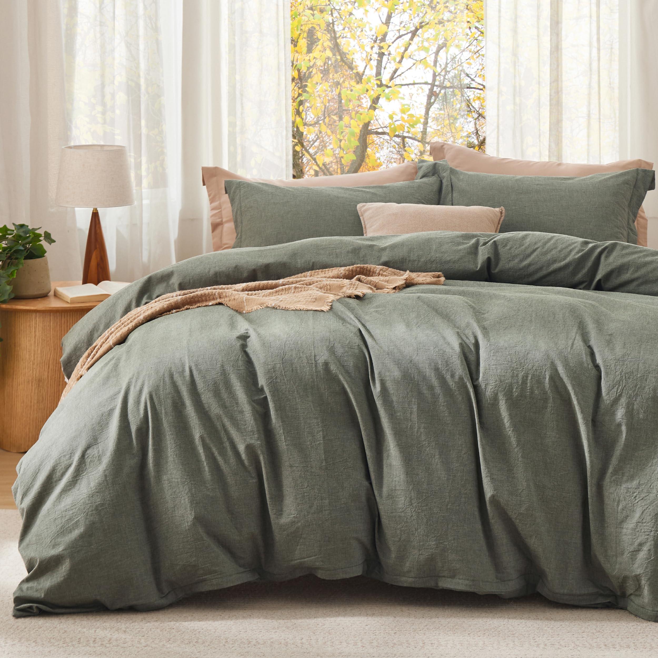 Bedsure Bedsure Comforter Set King Size - Cotton Fabric with Microfiber Inner Fill, Grayish Olive Green Soft Bed Set for All Seasons, 3 Pieces, 1 Comforter (104\" x 90\") and 2 Pillow Cases (20\" x 36\")
