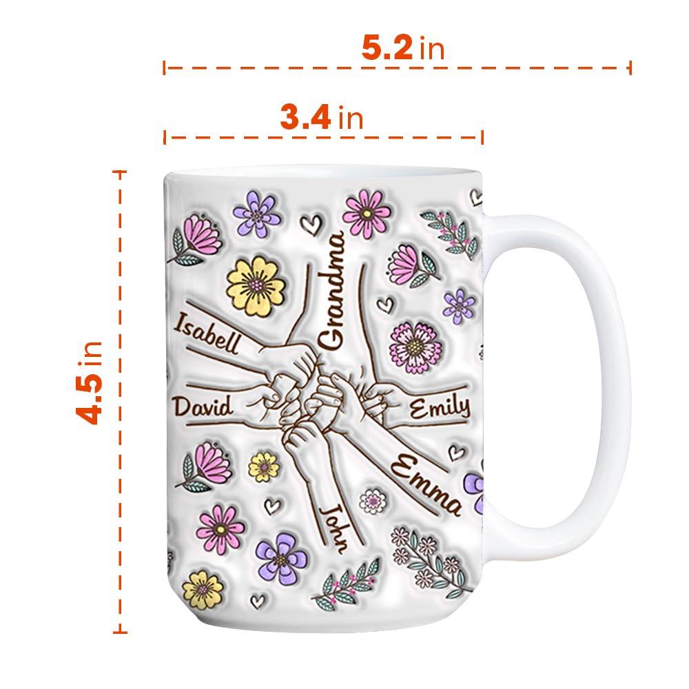 TrendingAz Custom Grandma 3D Inflated Effect Printed Holding Hand Mug, Grandma Kid Mug With Name, Gift For Mom Grandma, Birthday Gift, Mothers Day Gift, Holding Hand Grandma Mug, Family Custom Mug