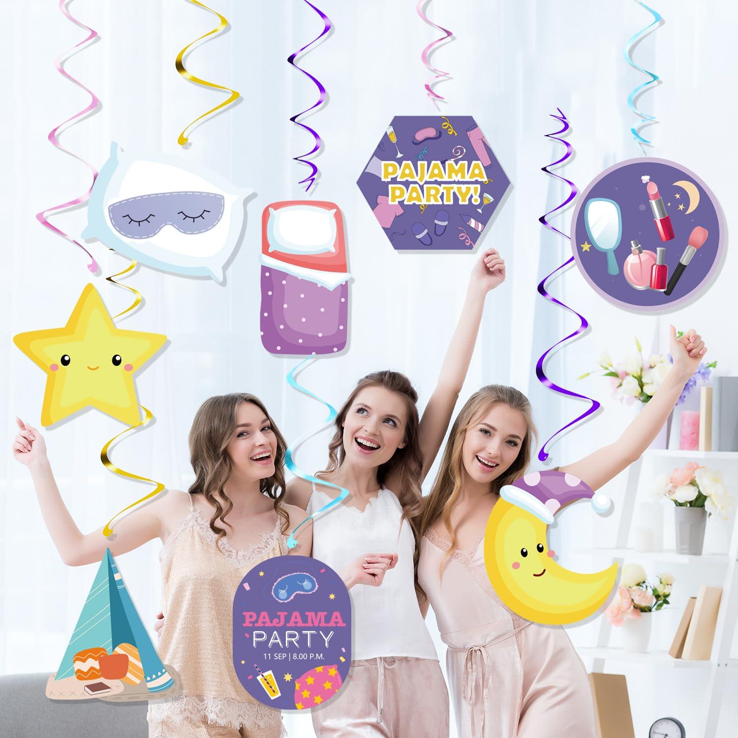 SKIRUP SKIRUP Slumber Party Favors Pajamas Theme Party Suit Pajama Party Decorations Includes Banner Hanging Swirls Cake Topper Balloons Cupcake Toppers Sleepover Party Supplies For Girls