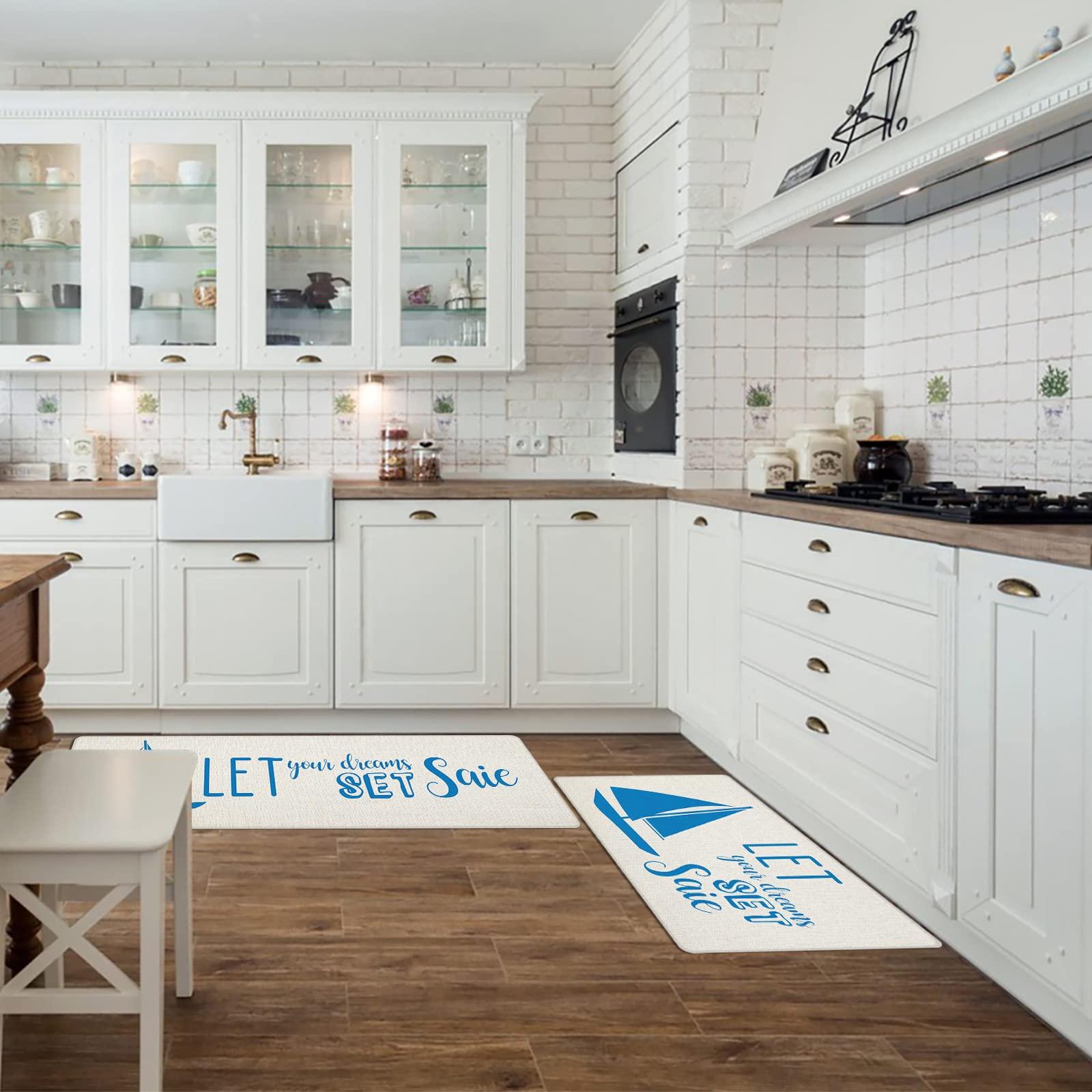 Sabolny Ocean Sailboat Kitchen Runner Rug Mat, Bath Shower Bathtub Welcome Door Floor Mat, Country Rustic Burlap Beige Blue Summer Washable Indoor Outdoor Throw Entry Area Rug Doormat