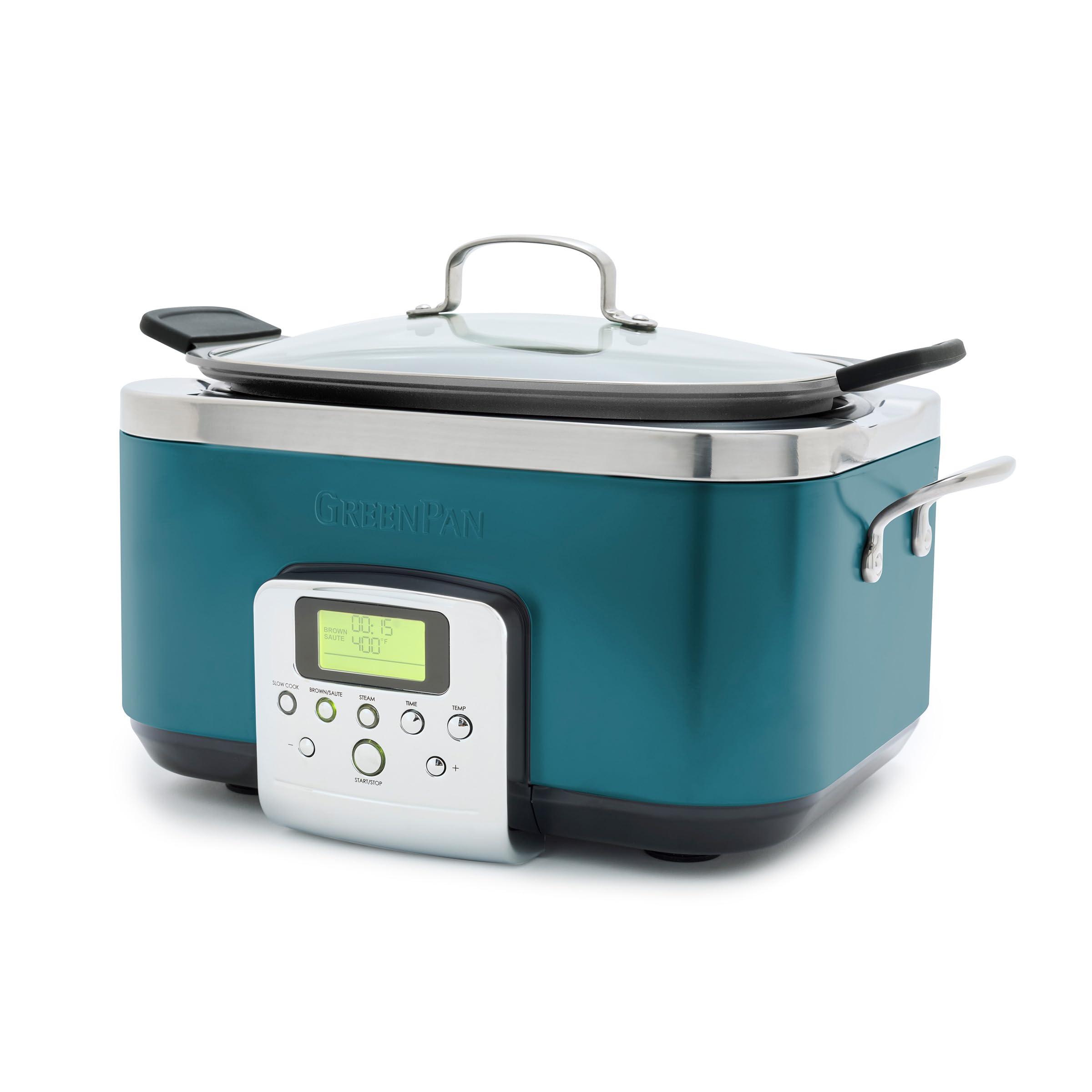GreenPan GreenPan Elite 8-in-1 Programmable 6QT Electric Slow Cooker, Dishwasher Safe Lid & Removable Crock, PFAS-Free Healthy Ceramic Nonstick Multi-Cooker, Sear, Saut,Brown, Steam Basket, Roast, Deep Teal