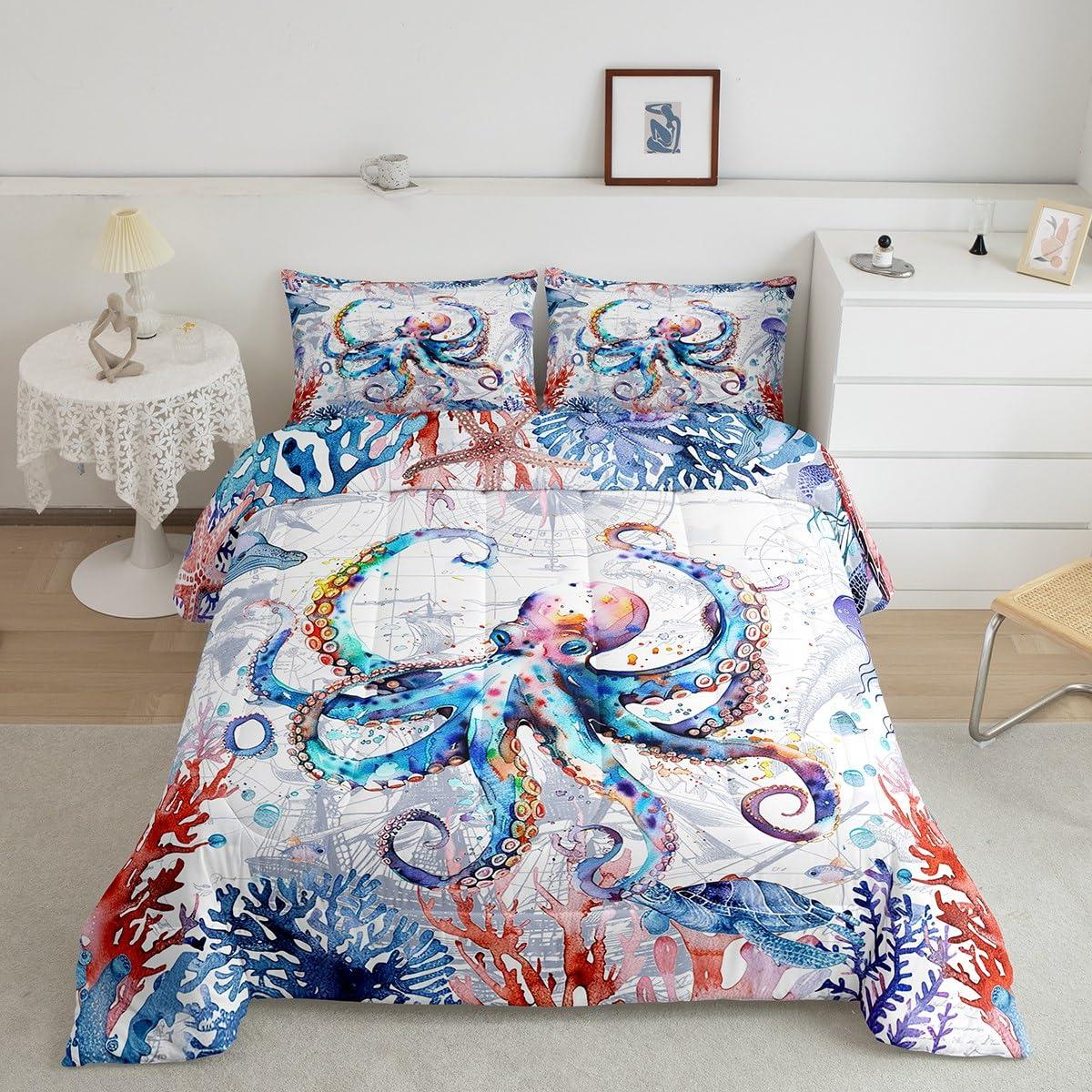 Feelyou Feelyou Kids Boys Girls Octopus Bedding Set Full, Ocean Octopus Comforter Ocean Animal Comforter Set for Sealife Duvet Set with 2 Pillow Case Room Decor Quilt Set Bedding Collection