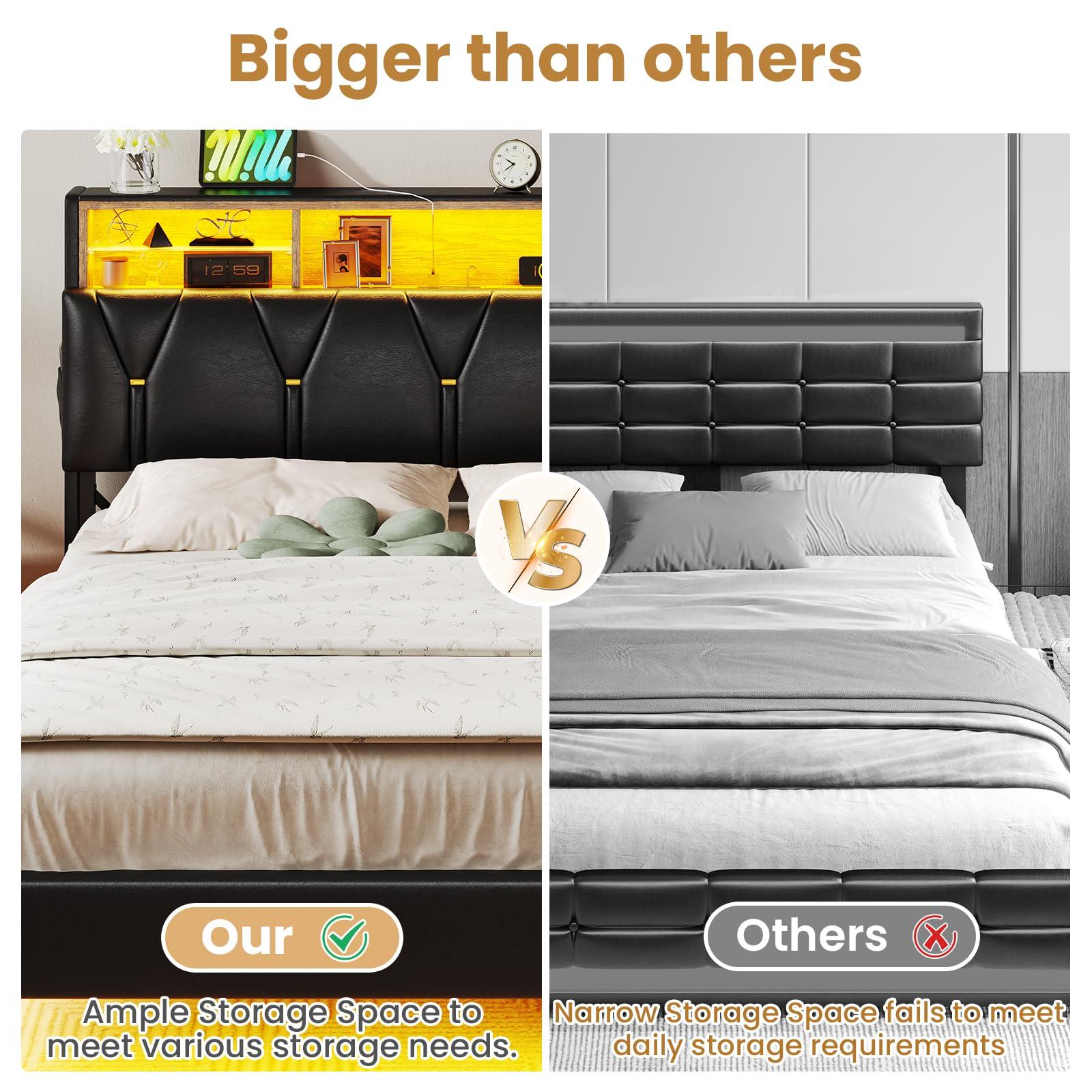 ADORNEVE ADORNEVE Full Size Bed Frame with LED Lights and Storage Headboard, LED Bed Frame with Outlets and USB Ports, Upholstered Platform Bed with Hidden Storage, Easy Assembly, PU Black