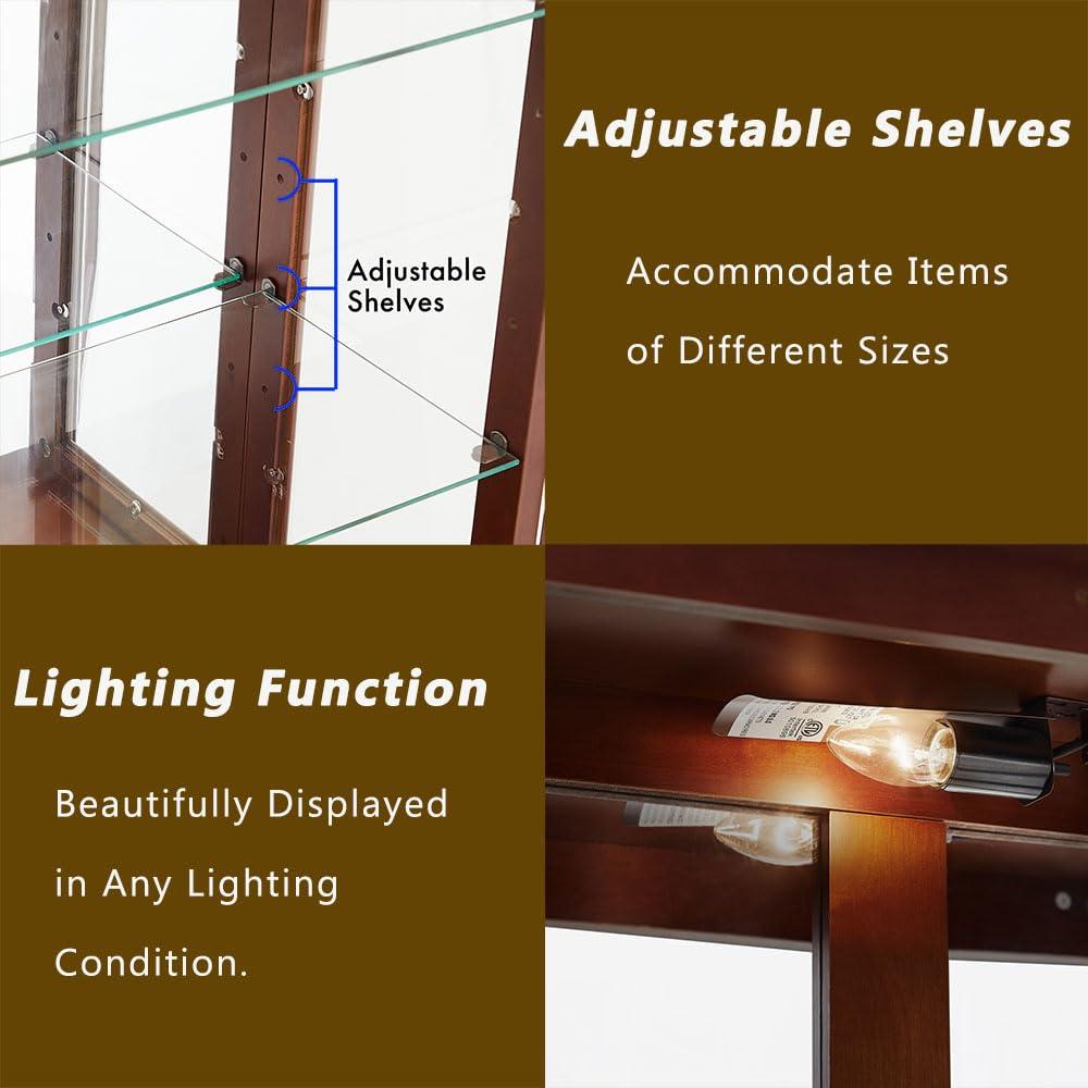 Anwick Anwick China Cabinet &Curio Cabinets with Glass Doors, Lighted Display Cabinet with Mirrored Back Panel, Tempered Glass and 3 Tiers Adjustable Shelves (Oak)