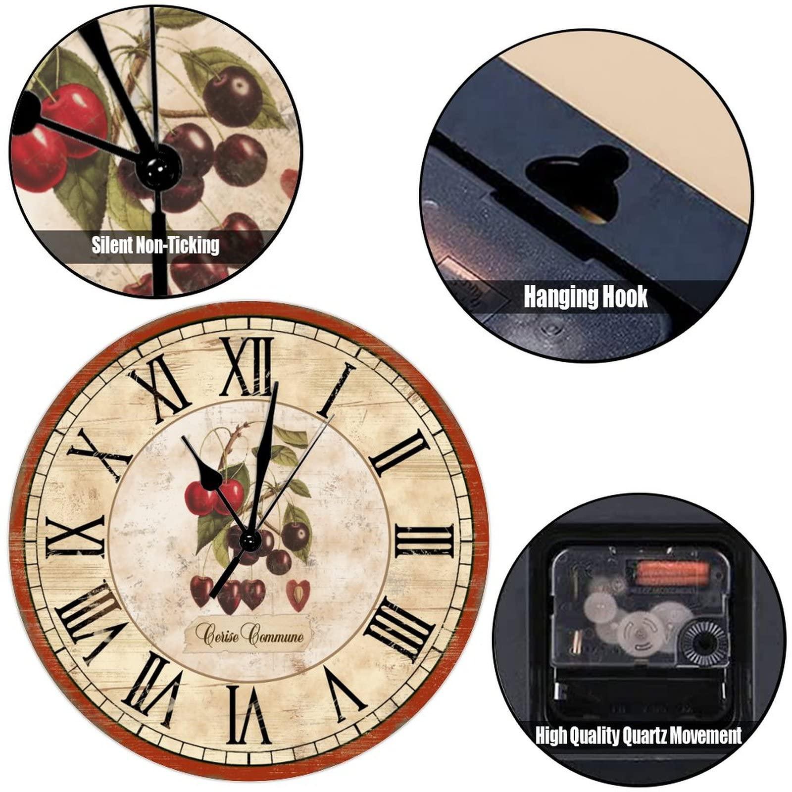 ArogGeld Retro Cherry Round Clock 12Inch Round Clocks French Cherry Wall Clocks Battery Operated Wall Clocks Retro Rustic Style Kitchen Clock for Kitchen Dinning Room Birthday Housewarming Gift