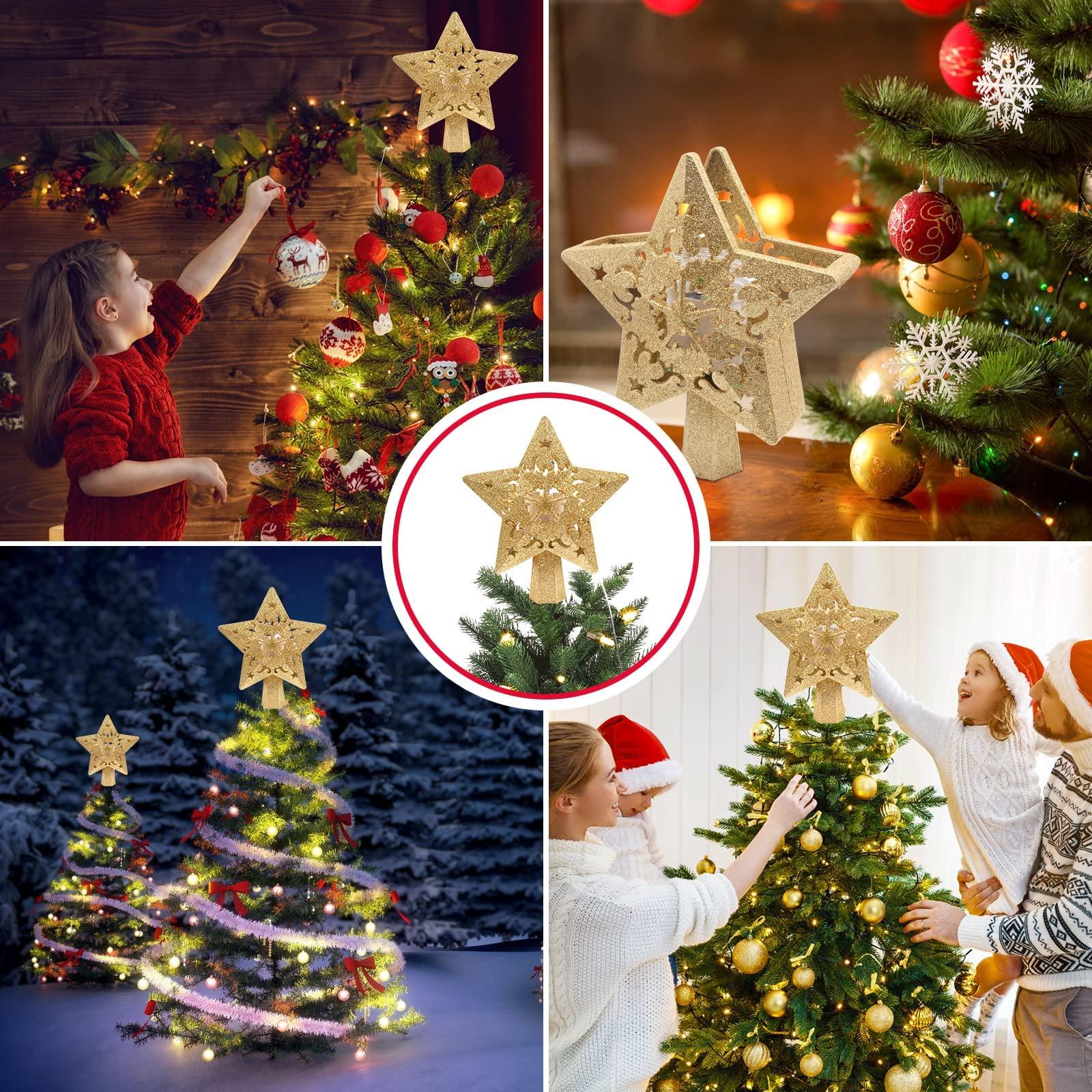IGZVMBO Gold Star Christmas Tree Topper with Rotating LED Lights Treetop Projector Lighted Warm Star Shape Festive Tree Decorations Holiday Parties