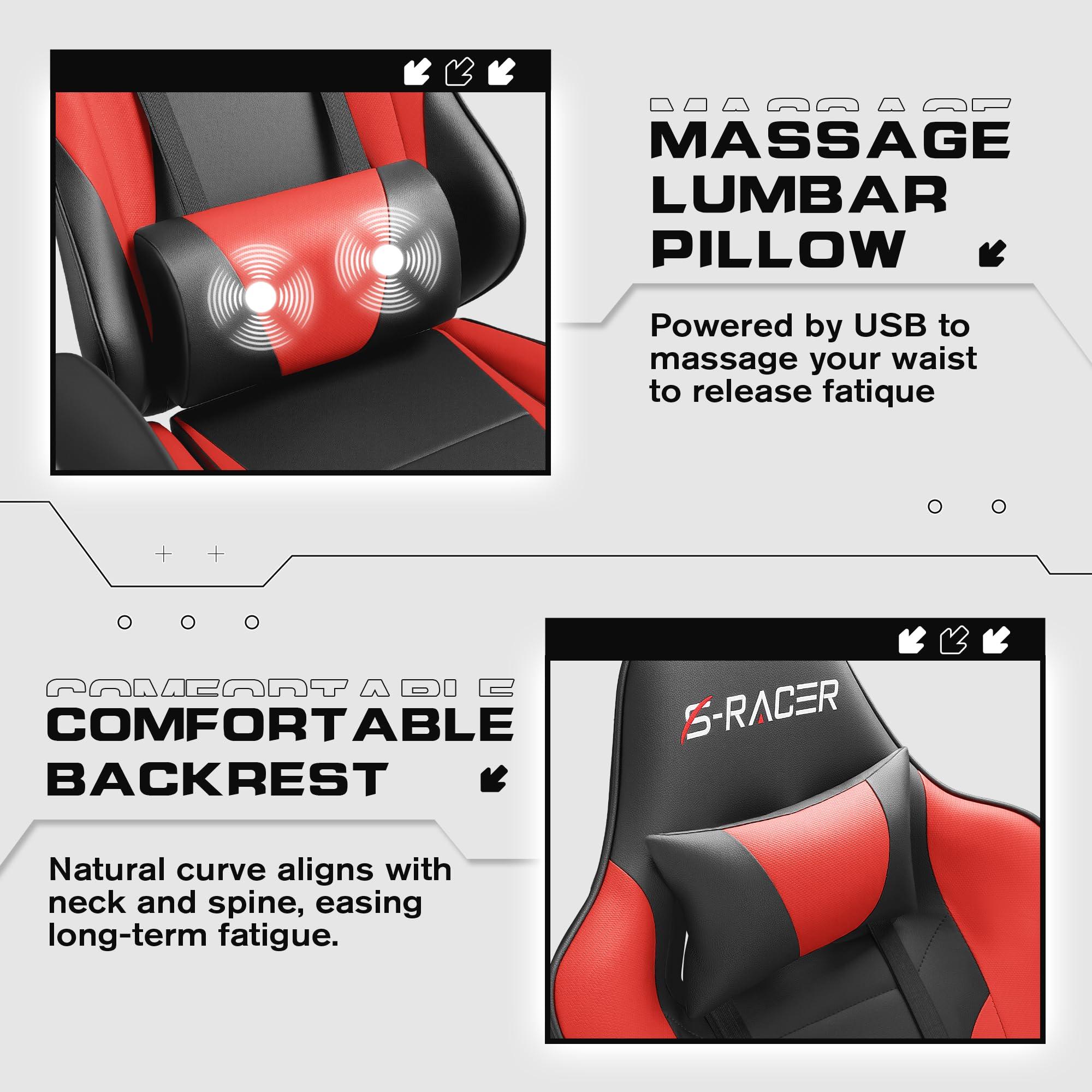 Homall Homall Gaming Chairs, Computer Chair with Footrest and Massage Lumbar Support, Height Adjustable Game Chair with Headrest and Swivel Seat (Red)